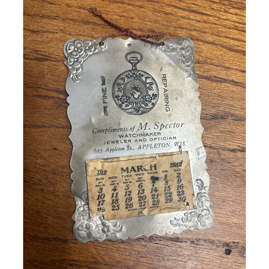 Vintage Early 1900s Appleton Wisconsin M. Spector Watchmaker Jeweler Calendar Sign