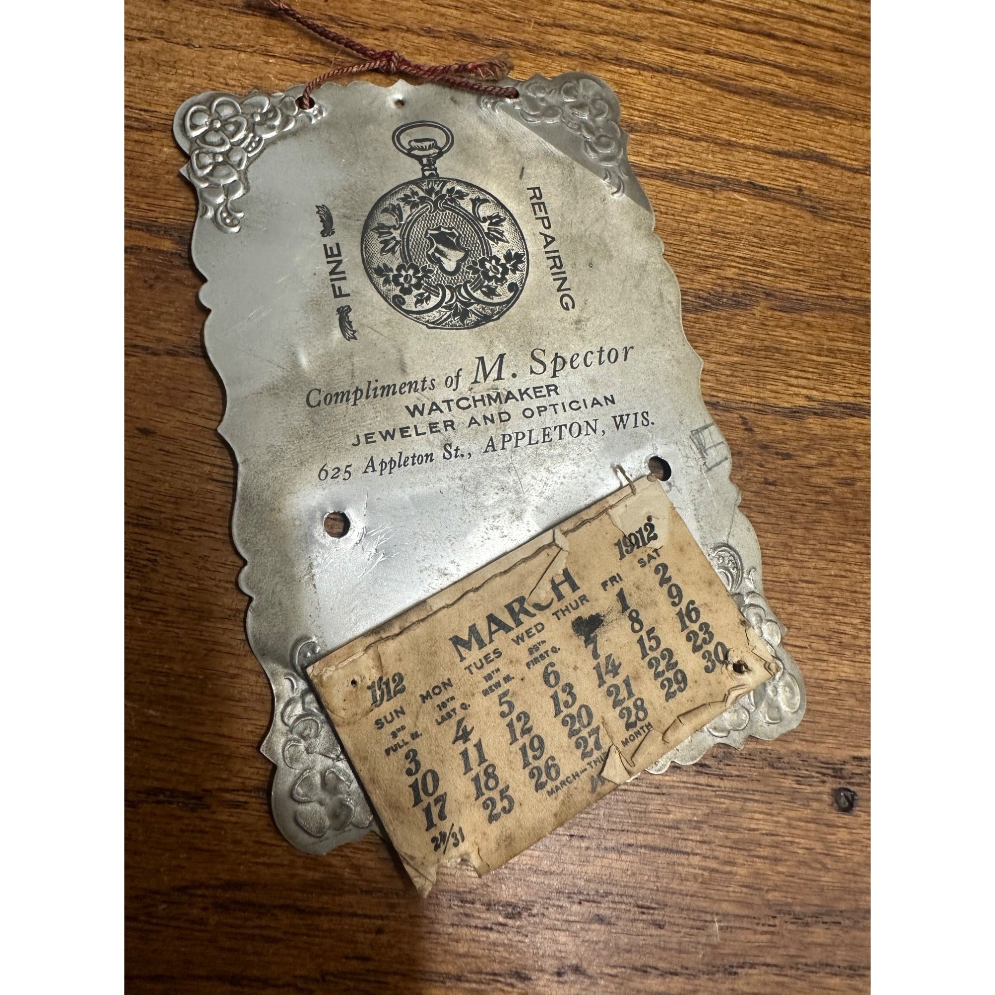 Vintage Early 1900s Appleton Wisconsin M. Spector Watchmaker Jeweler Calendar Sign