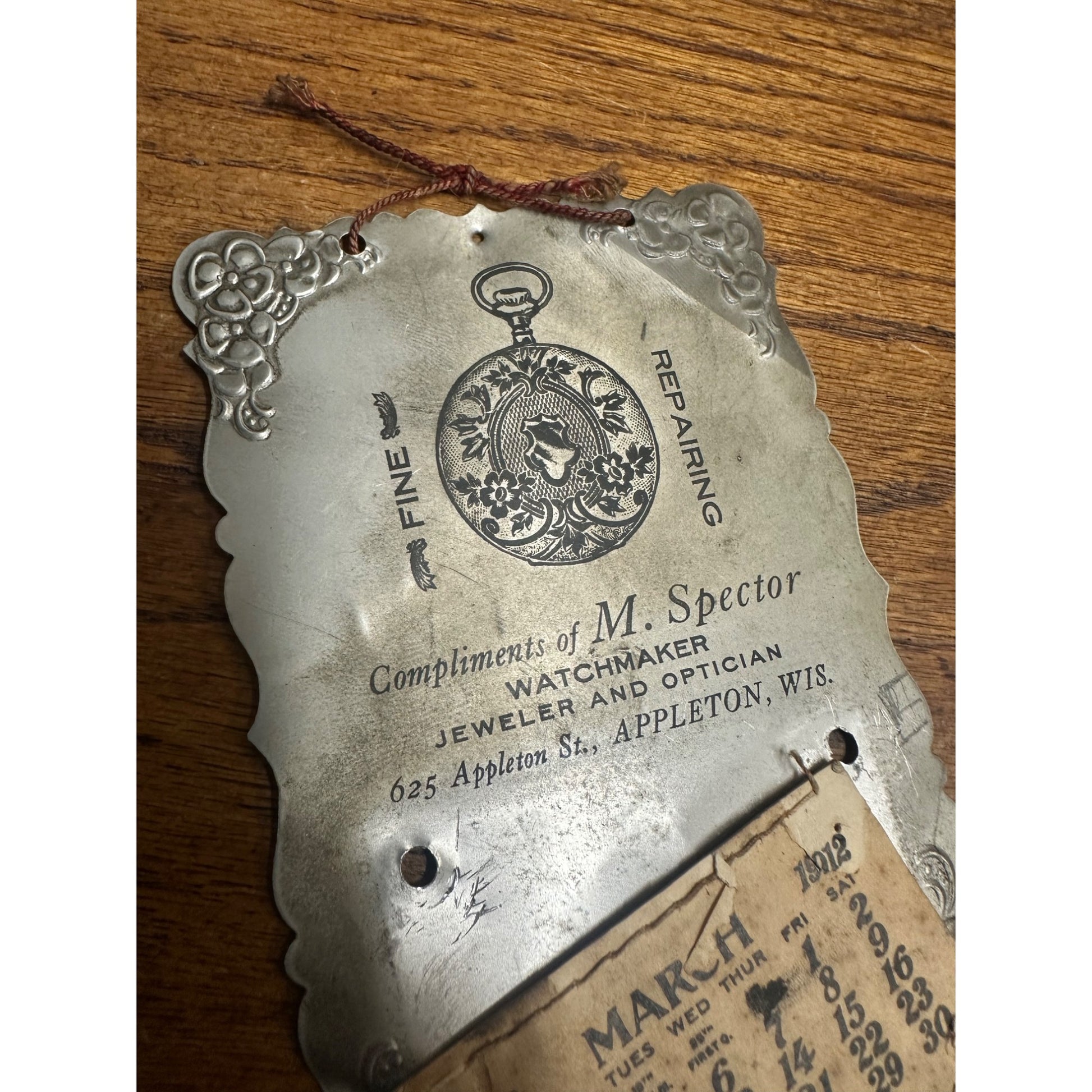 Vintage Early 1900s Appleton Wisconsin M. Spector Watchmaker Jeweler Calendar Sign
