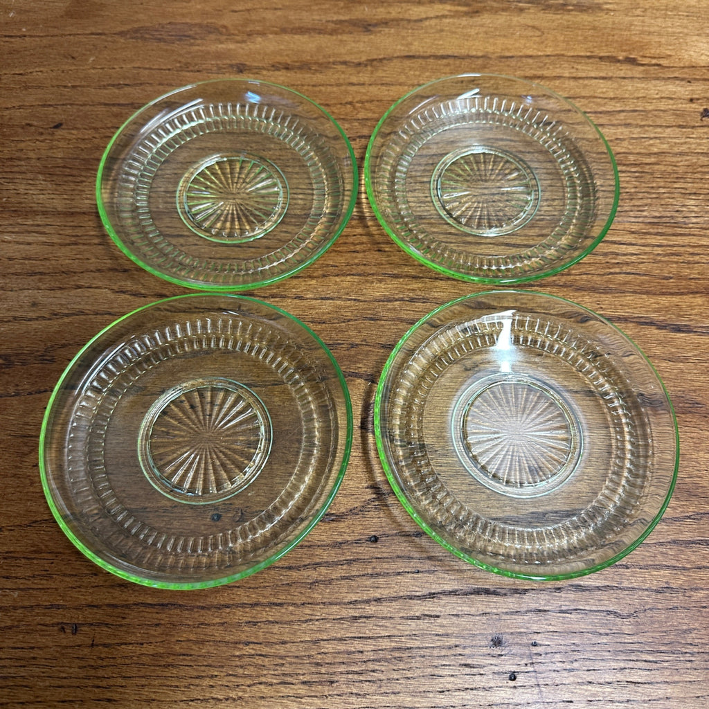 4pc Anchor Hocking Roulette Dessert Tea Cup Saucer Plates Uranium Vasline Depression Glass