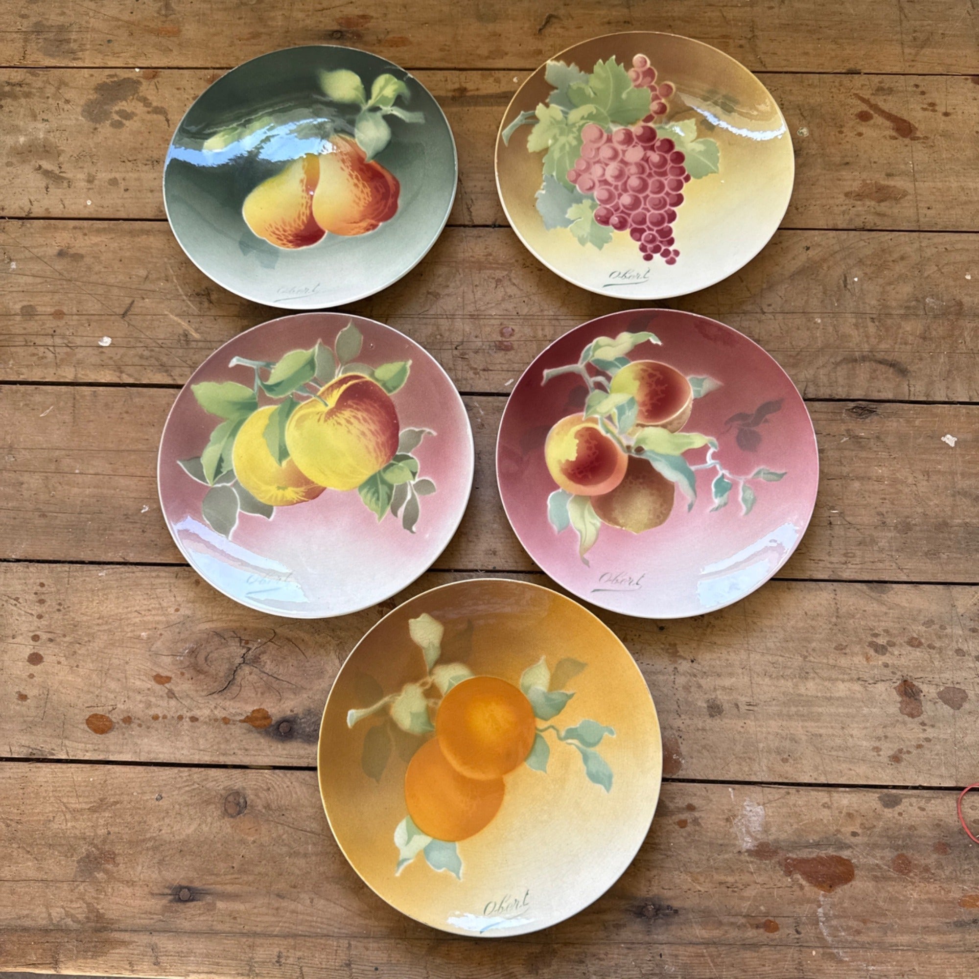 Antique K&G Luneville France Hand Painted (5) Plates Obert Signed Porcelain