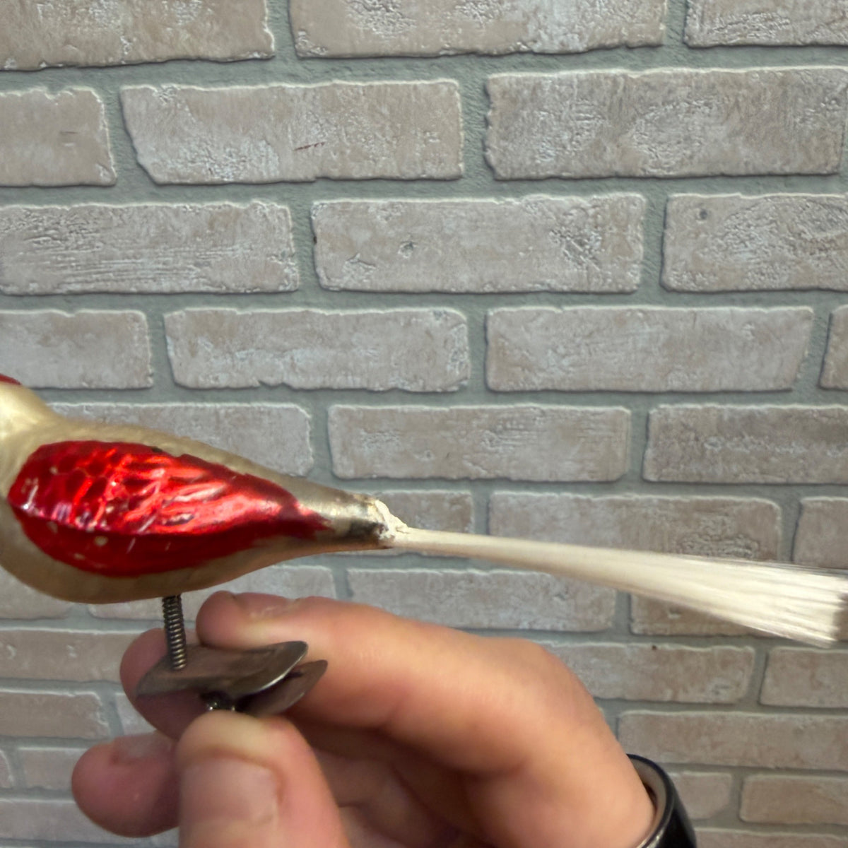 Antique Germany Glass Clip On Bird Ornament Gold Colored Cotton Spun Tail