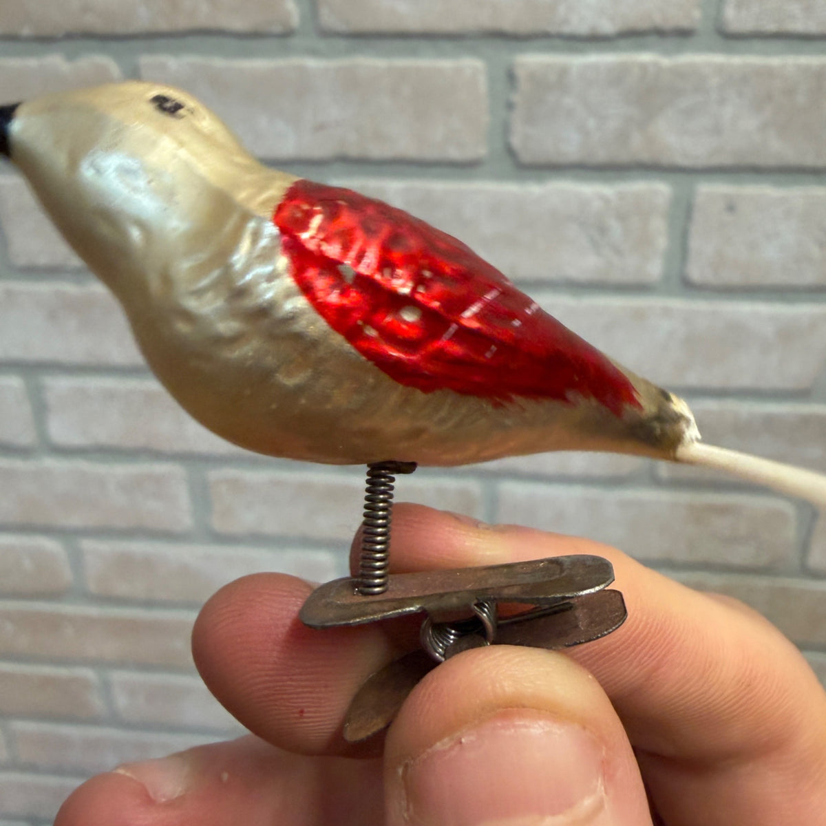 Antique Germany Glass Clip On Bird Ornament Gold Colored Cotton Spun Tail