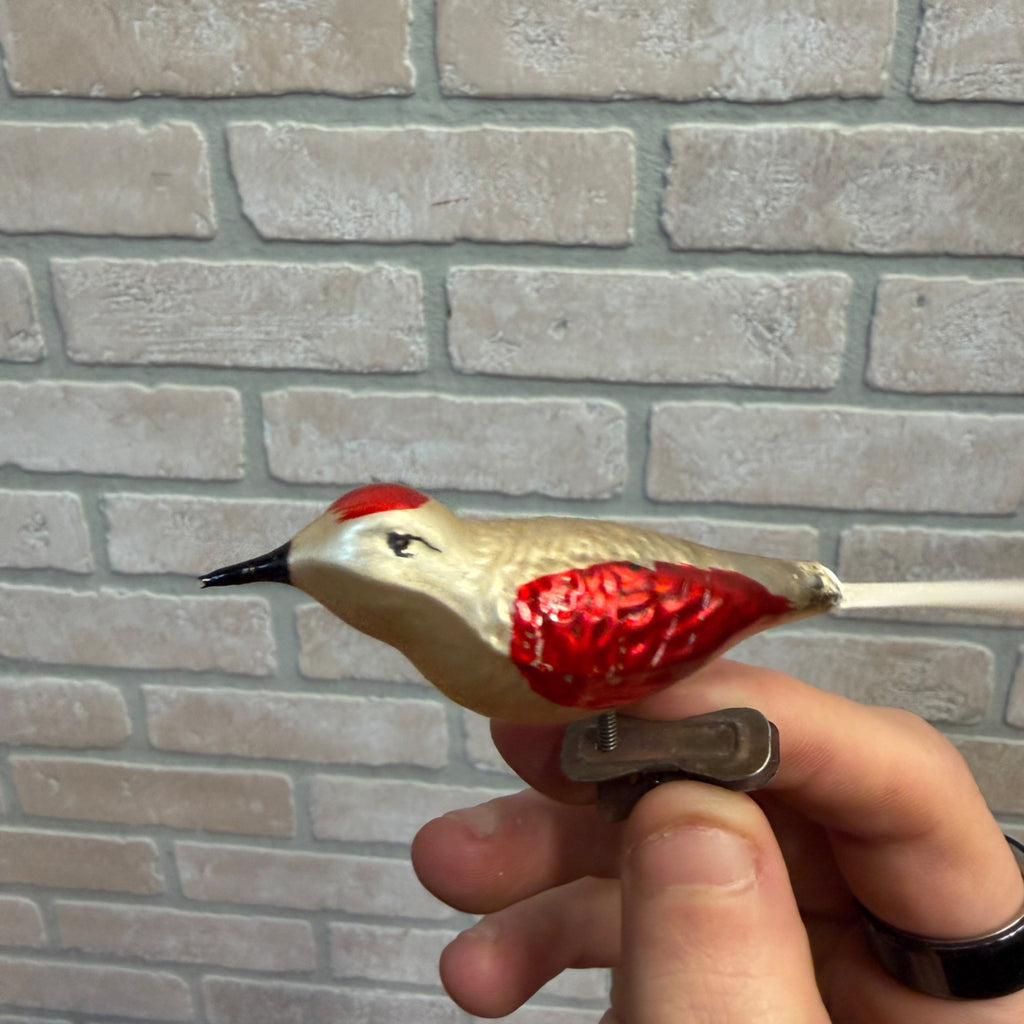 Antique Germany Glass Clip On Bird Ornament Gold Colored Cotton Spun Tail