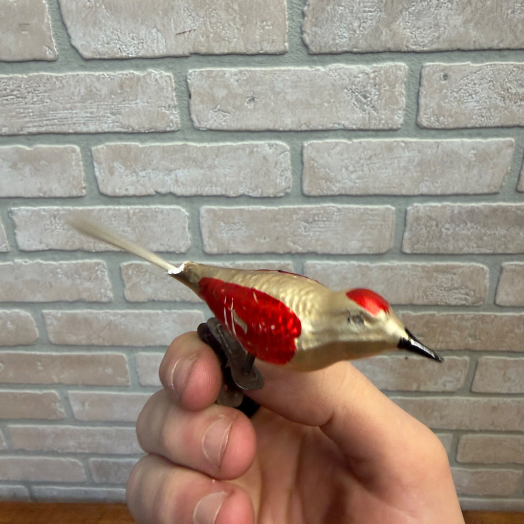 Antique Germany Glass Clip On Bird Ornament Gold Colored Cotton Spun Tail