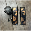 Vintage Arts & Crafts Concentric Door Knob Pair w/ Jappaned Door Plates Mission