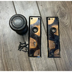 Vintage Arts & Crafts Concentric Door Knob Pair w/ Jappaned Door Plates Mission