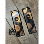 Vintage Arts & Crafts Concentric Door Knob Pair w/ Jappaned Door Plates Mission