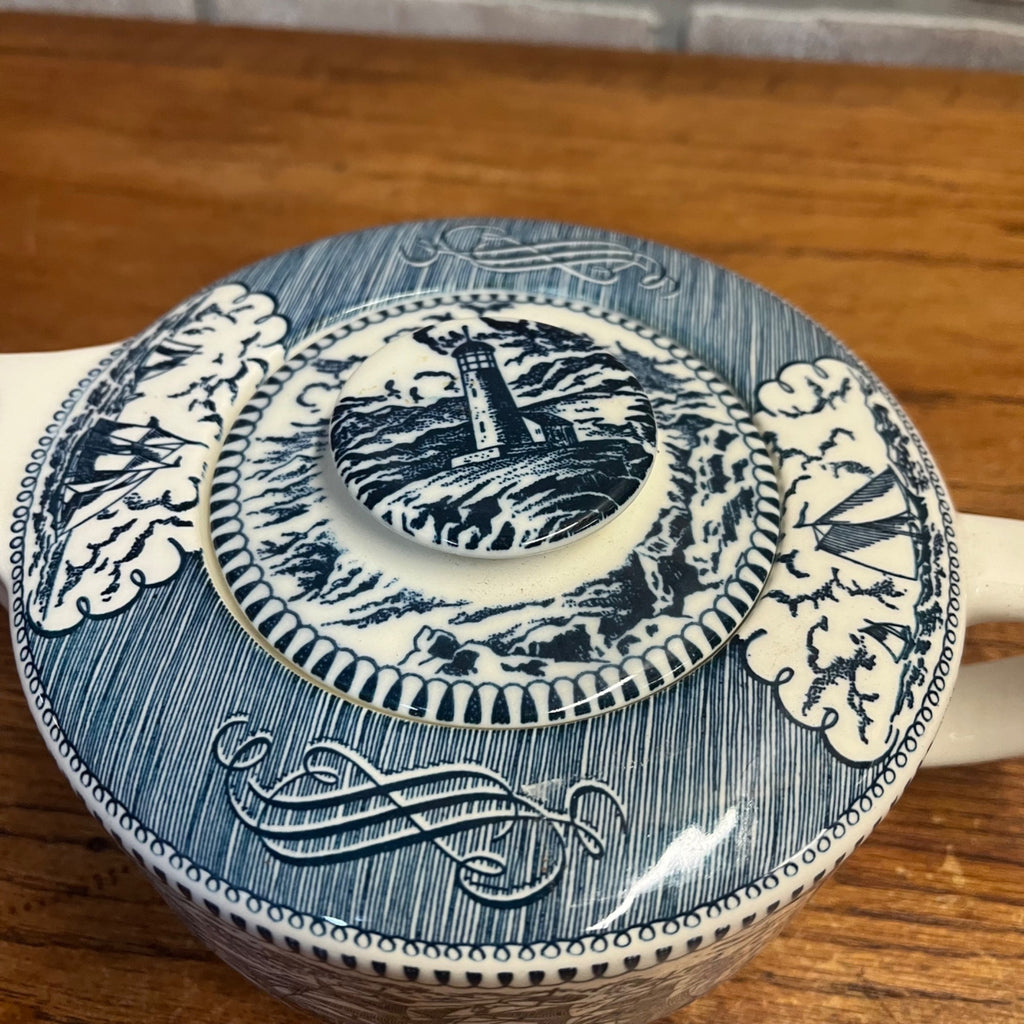 Vintage Currier and Ives by Royal China Lidded Tea Pot Sailboat Nautical