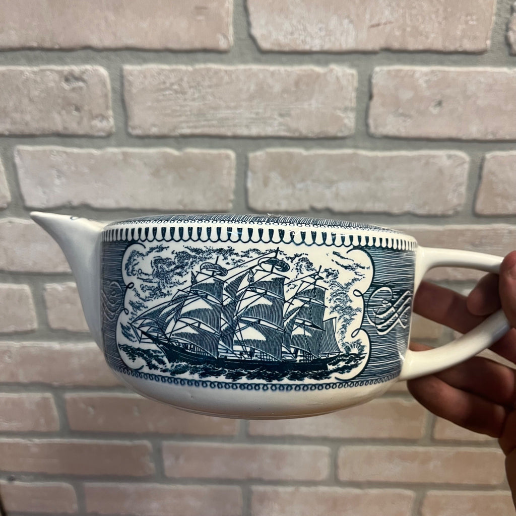 Vintage Currier and Ives by Royal China Lidded Tea Pot Sailboat Nautical