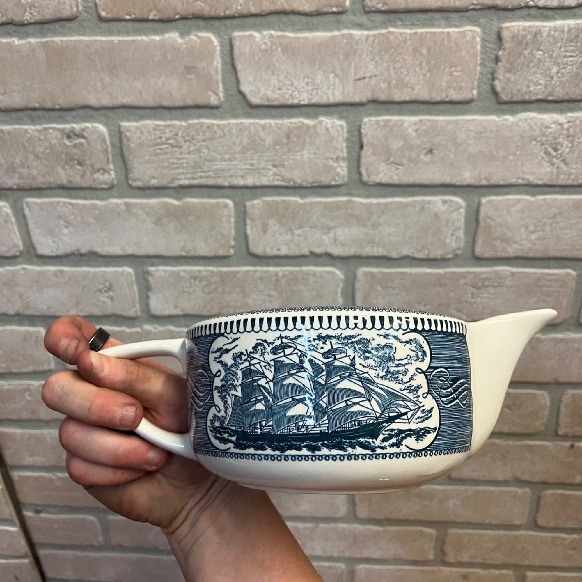Vintage Currier and Ives by Royal China Lidded Tea Pot Sailboat Nautical