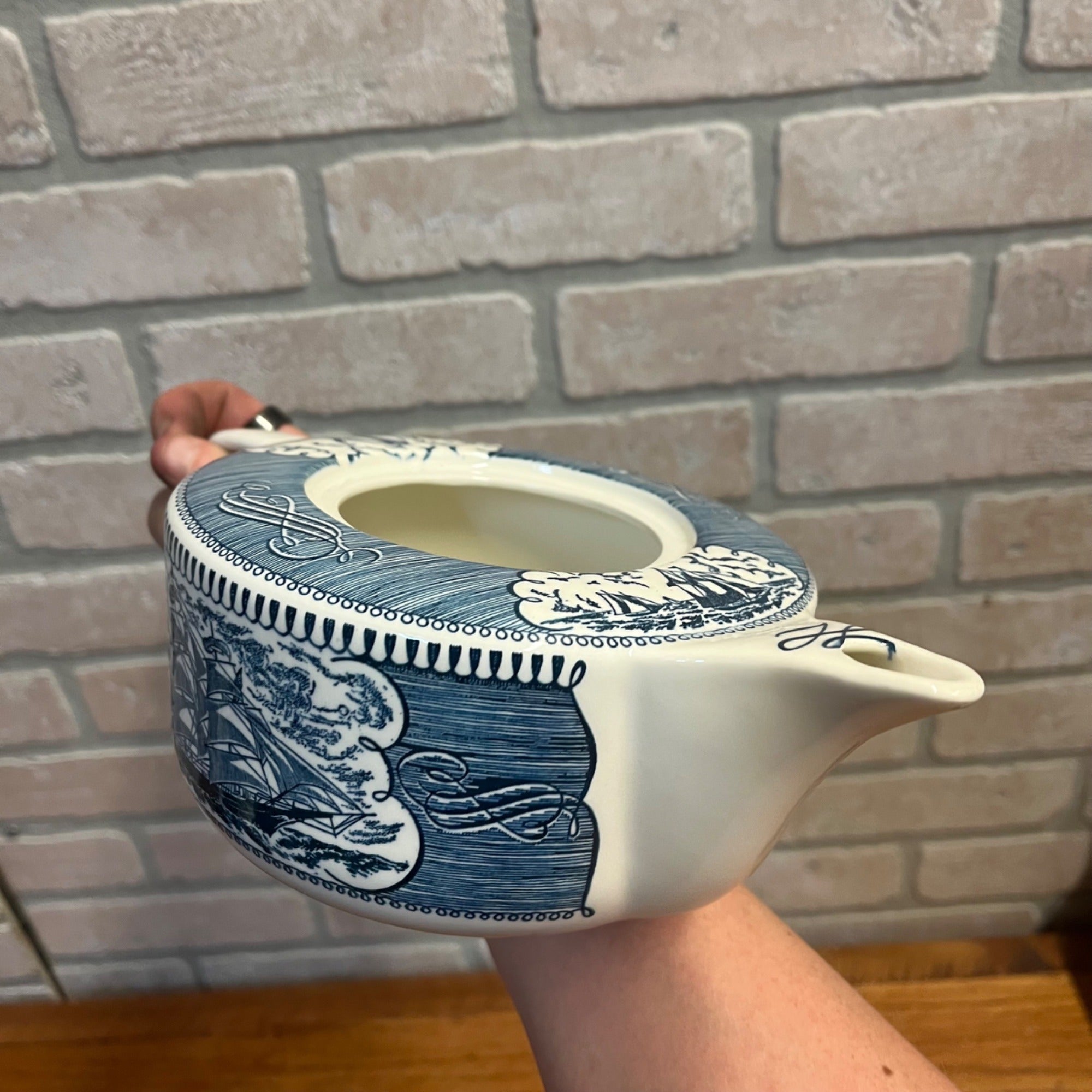Vintage Currier and Ives by Royal China Lidded Tea Pot Sailboat Nautical