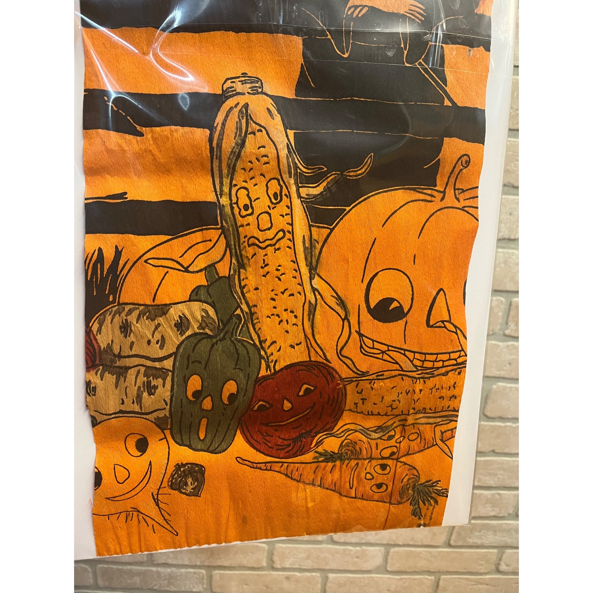 Antique Vintage Halloween Crepe Paper Panel Witch Veggie JOL 9" x 20"