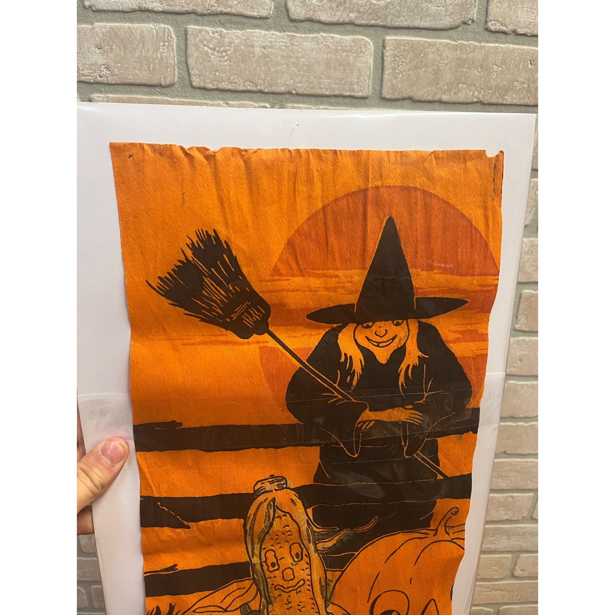 Antique Vintage Halloween Crepe Paper Panel Witch Veggie JOL 9" x 20"