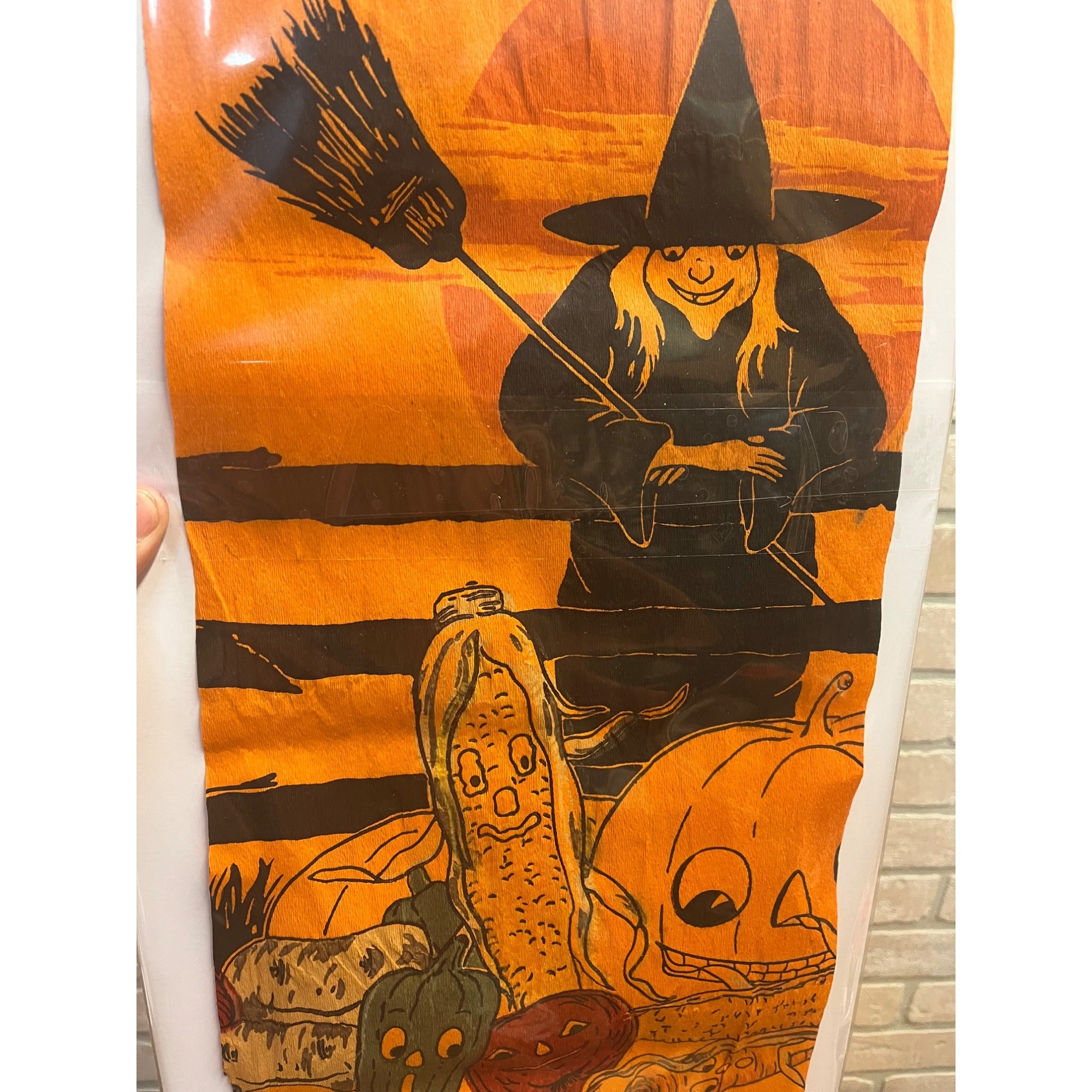 Antique Vintage Halloween Crepe Paper Panel Witch Veggie JOL 9" x 20"