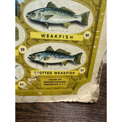 Original Vintage 1947 Seagram's Game Fish Cyclopedia Cardstock Sign Poster