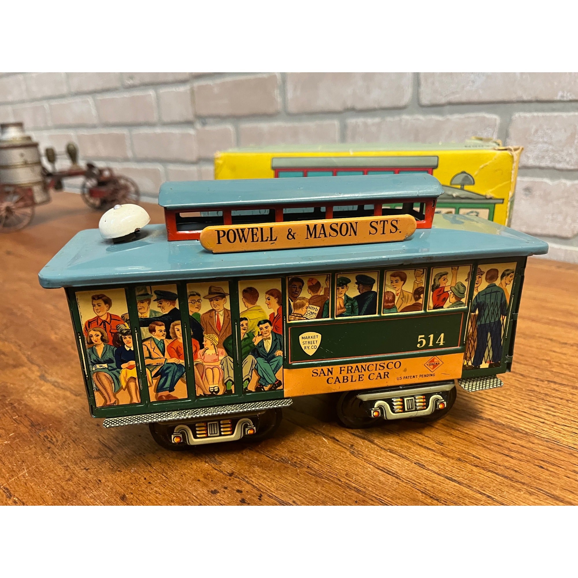Vintage 1950s Powell & Mason San Francisco Cable Car Trolley Tin Litho Toy + Box