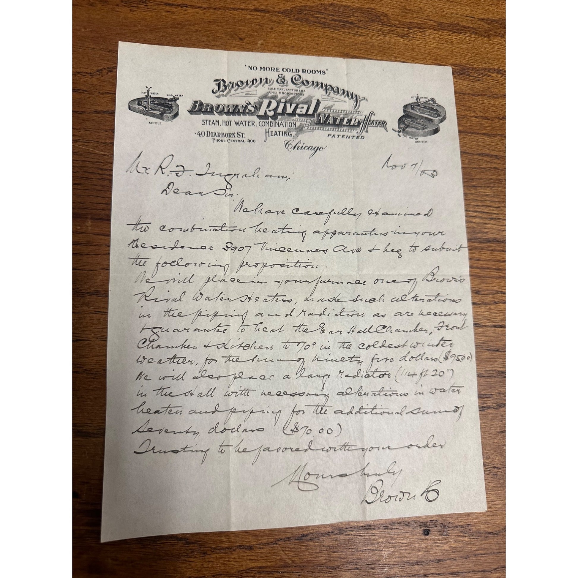 Vintage 1900s Brown's Rival Water Heater Chicago Advertising Letterhead