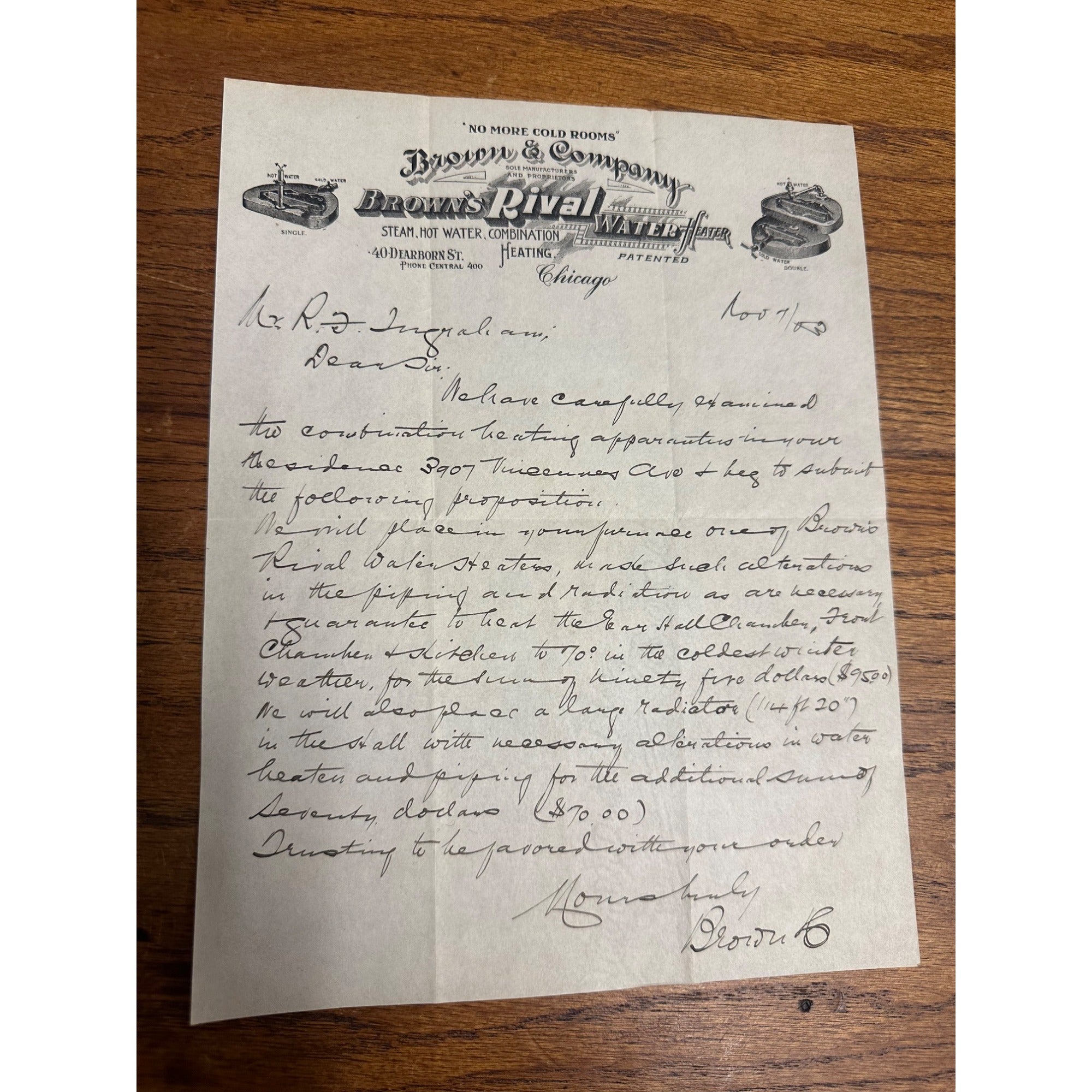Vintage 1900s Brown's Rival Water Heater Chicago Advertising Letterhead