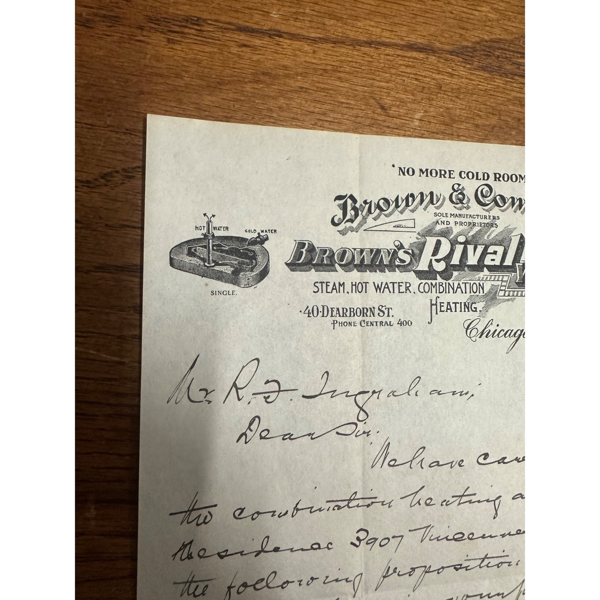 Vintage 1900s Brown's Rival Water Heater Chicago Advertising Letterhead
