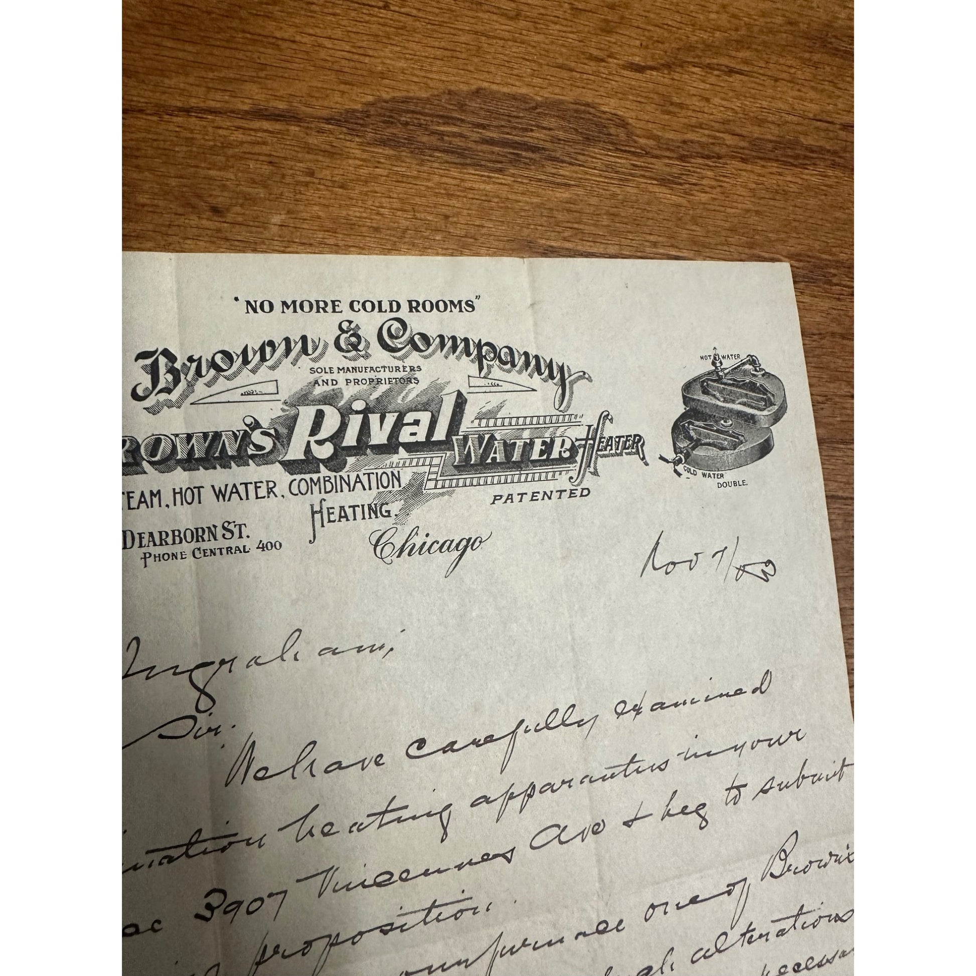 Vintage 1900s Brown's Rival Water Heater Chicago Advertising Letterhead