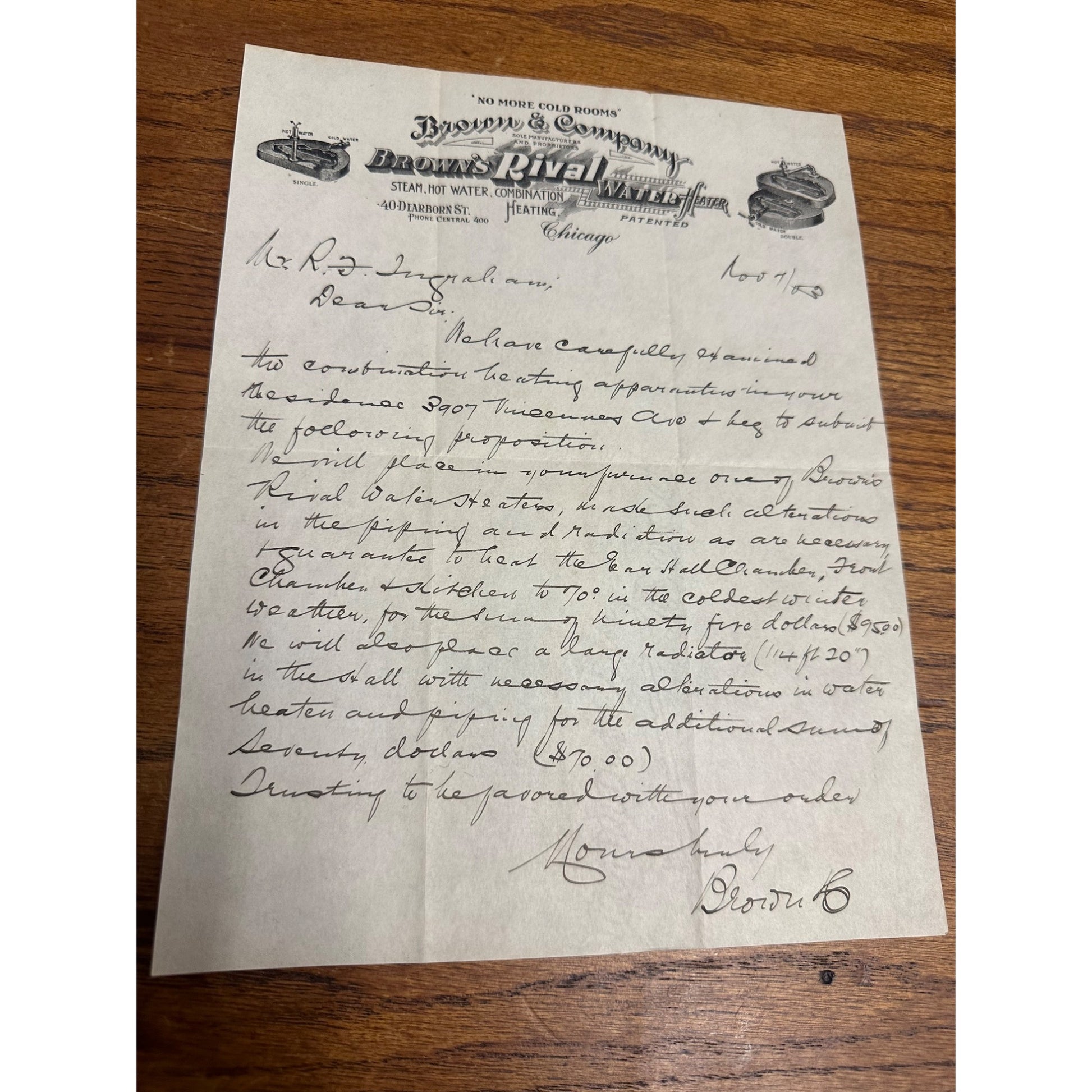 Vintage 1900s Brown's Rival Water Heater Chicago Advertising Letterhead