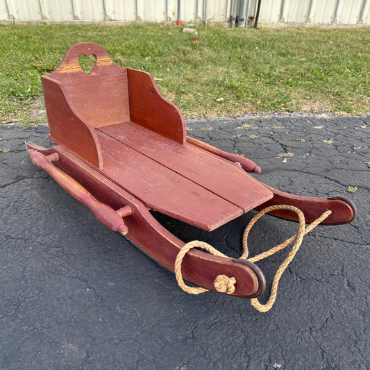 Vintage Red Rustic Wooden Primitive Wooden Winter Sled W/ Seat/ Back