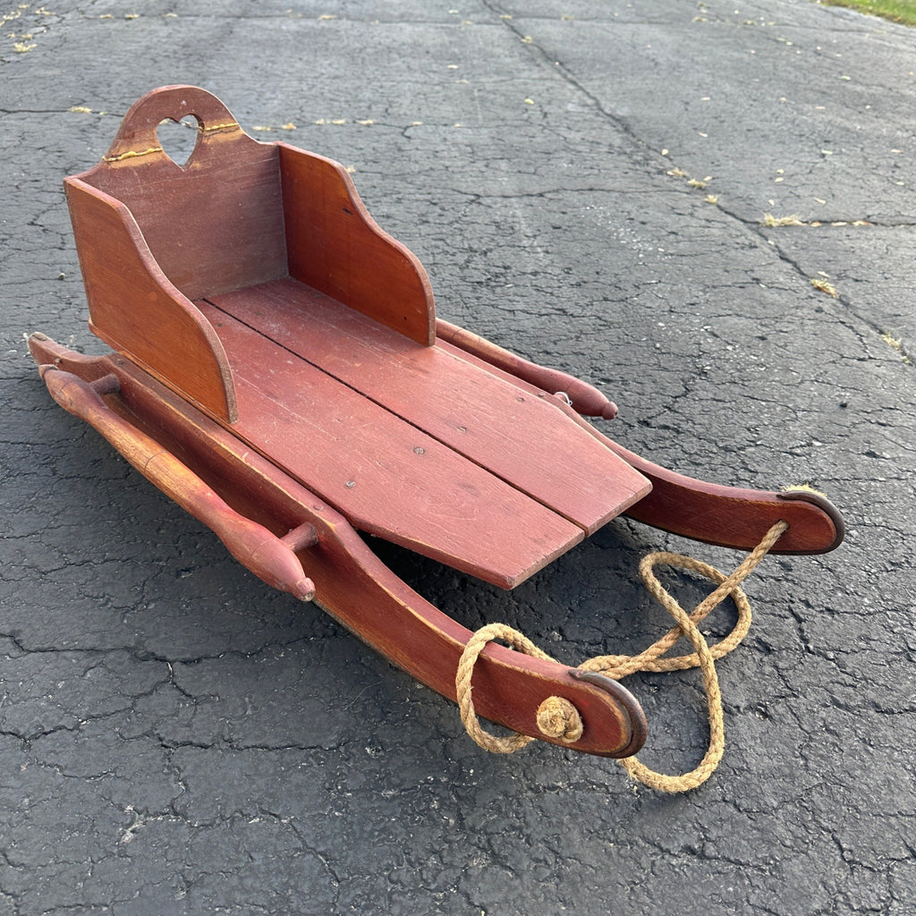 Vintage Red Rustic Wooden Primitive Wooden Winter Sled W/ Seat/ Back