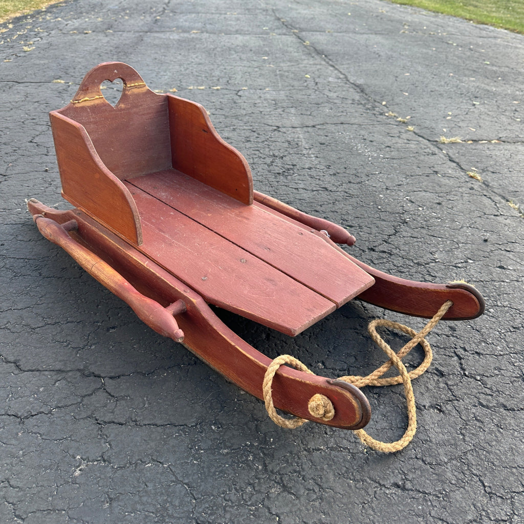 Vintage Red Rustic Wooden Primitive Wooden Winter Sled W/ Seat/ Back
