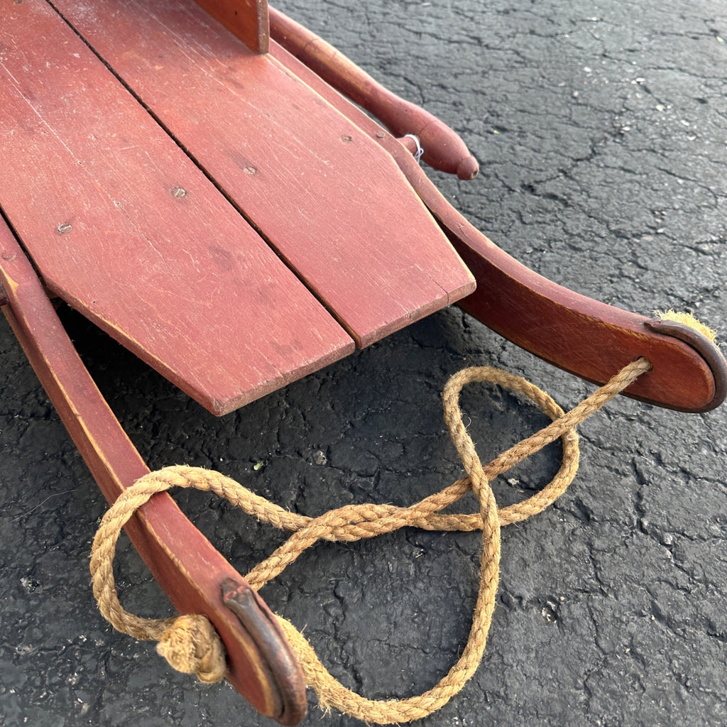 Vintage Red Rustic Wooden Primitive Wooden Winter Sled W/ Seat/ Back