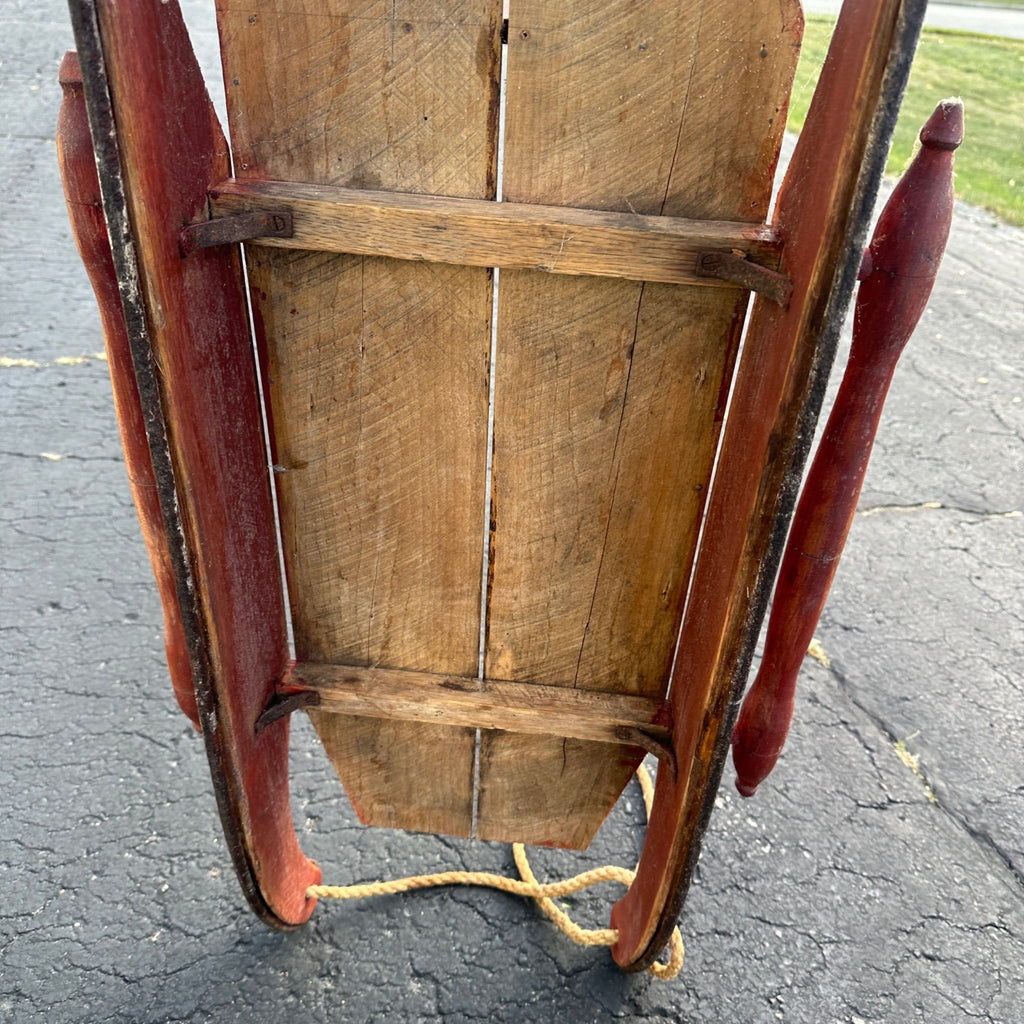 Vintage Red Rustic Wooden Primitive Wooden Winter Sled W/ Seat/ Back