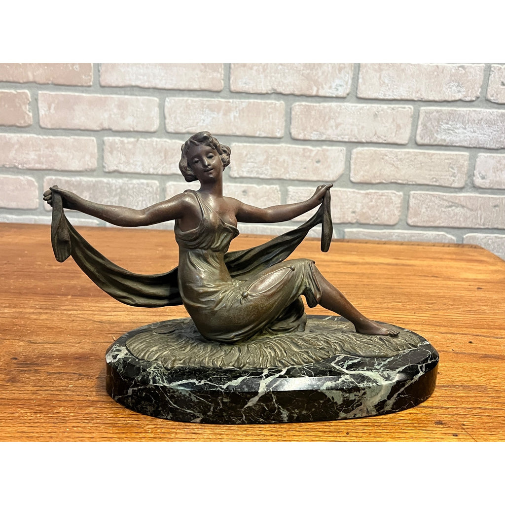 Antique French Art Nouveau Spelter Lady Woman Marble Base Made in France Deco
