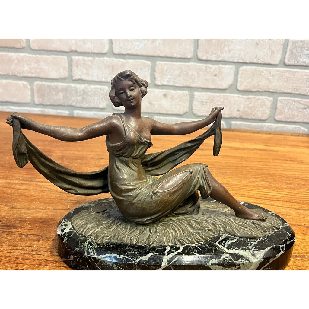 Antique French Art Nouveau Spelter Lady Woman Marble Base Made in France Deco