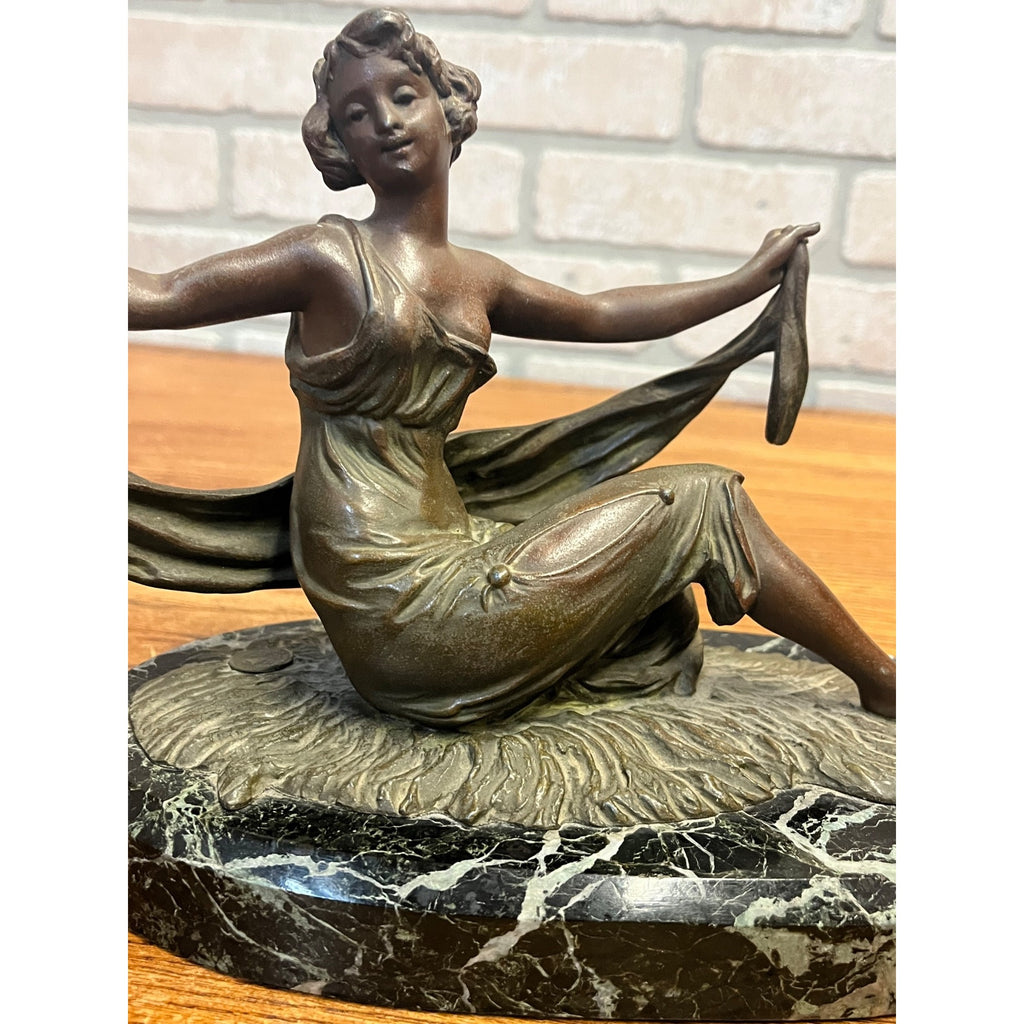 Antique French Art Nouveau Spelter Lady Woman Marble Base Made in France Deco