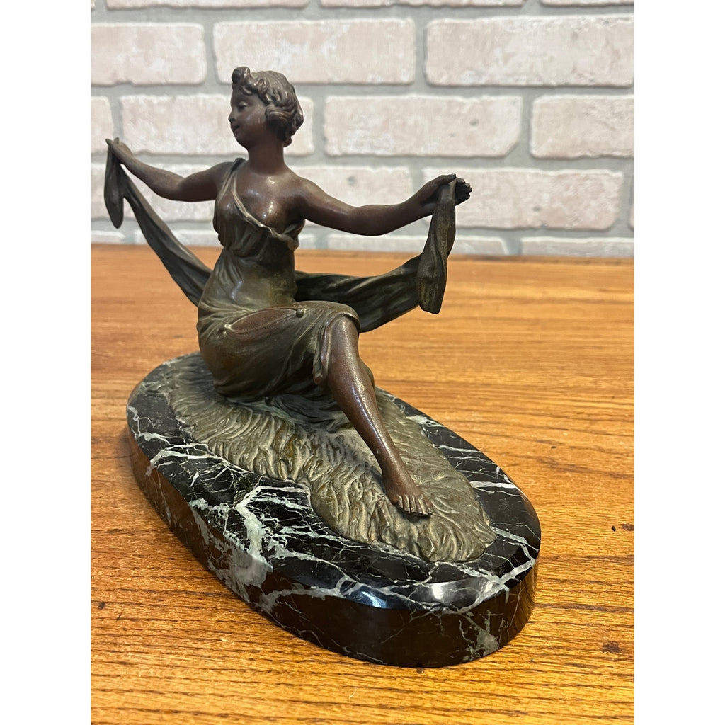 Antique French Art Nouveau Spelter Lady Woman Marble Base Made in France Deco