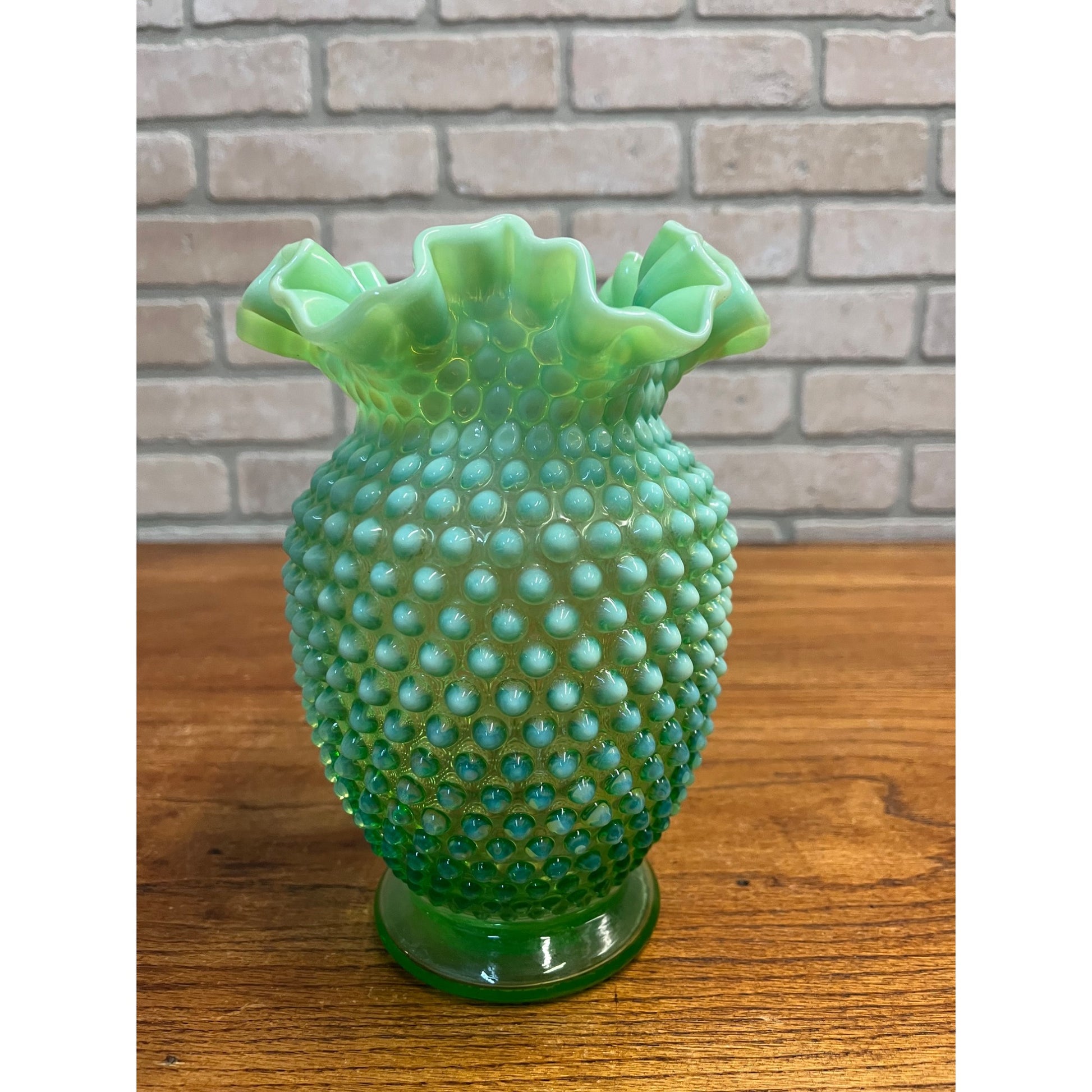 Vintage Fenotn Hobnail Opalescent Large 8" Ruffled Vase Uranium Vaseline Glass