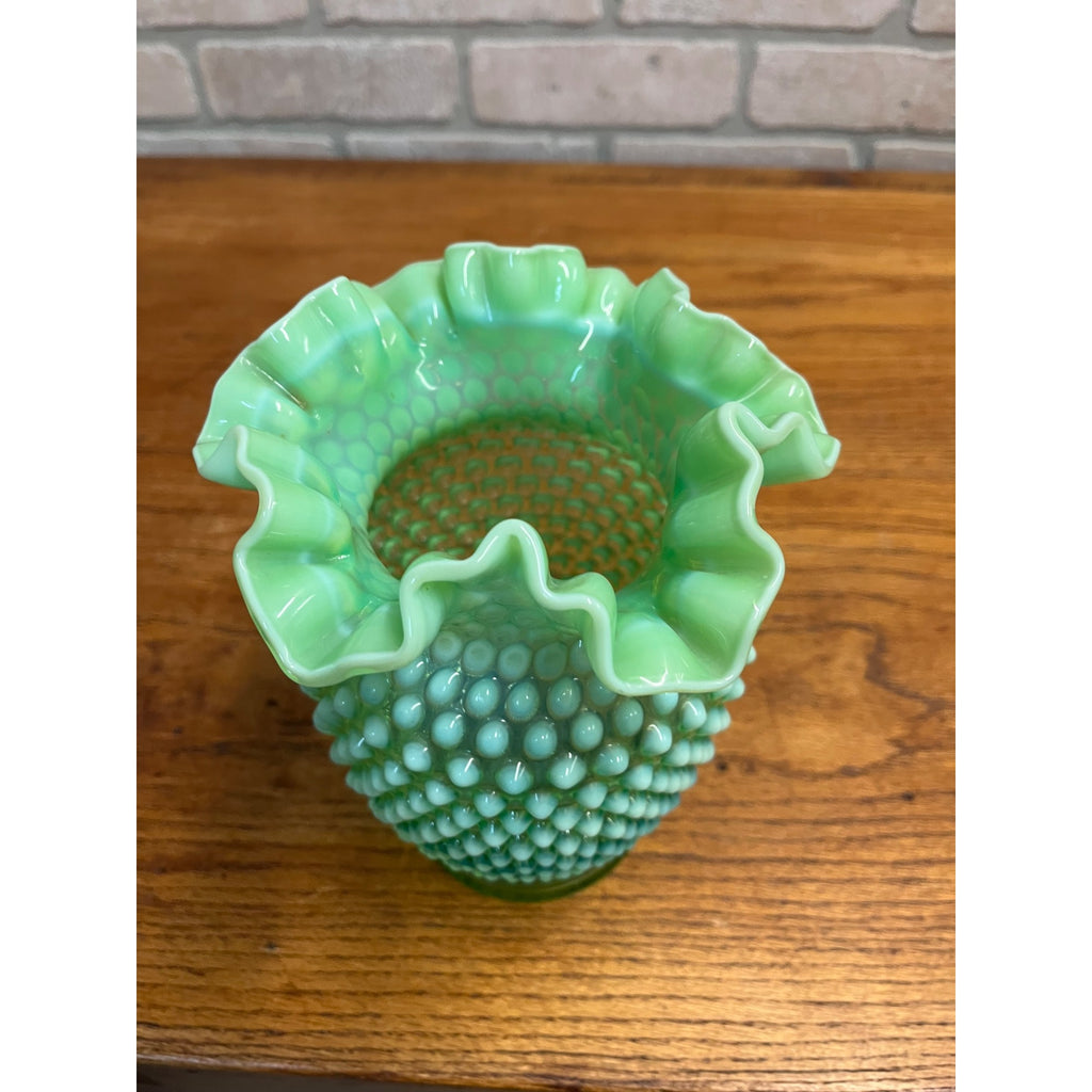 Vintage Fenotn Hobnail Opalescent Large 8" Ruffled Vase Uranium Vaseline Glass