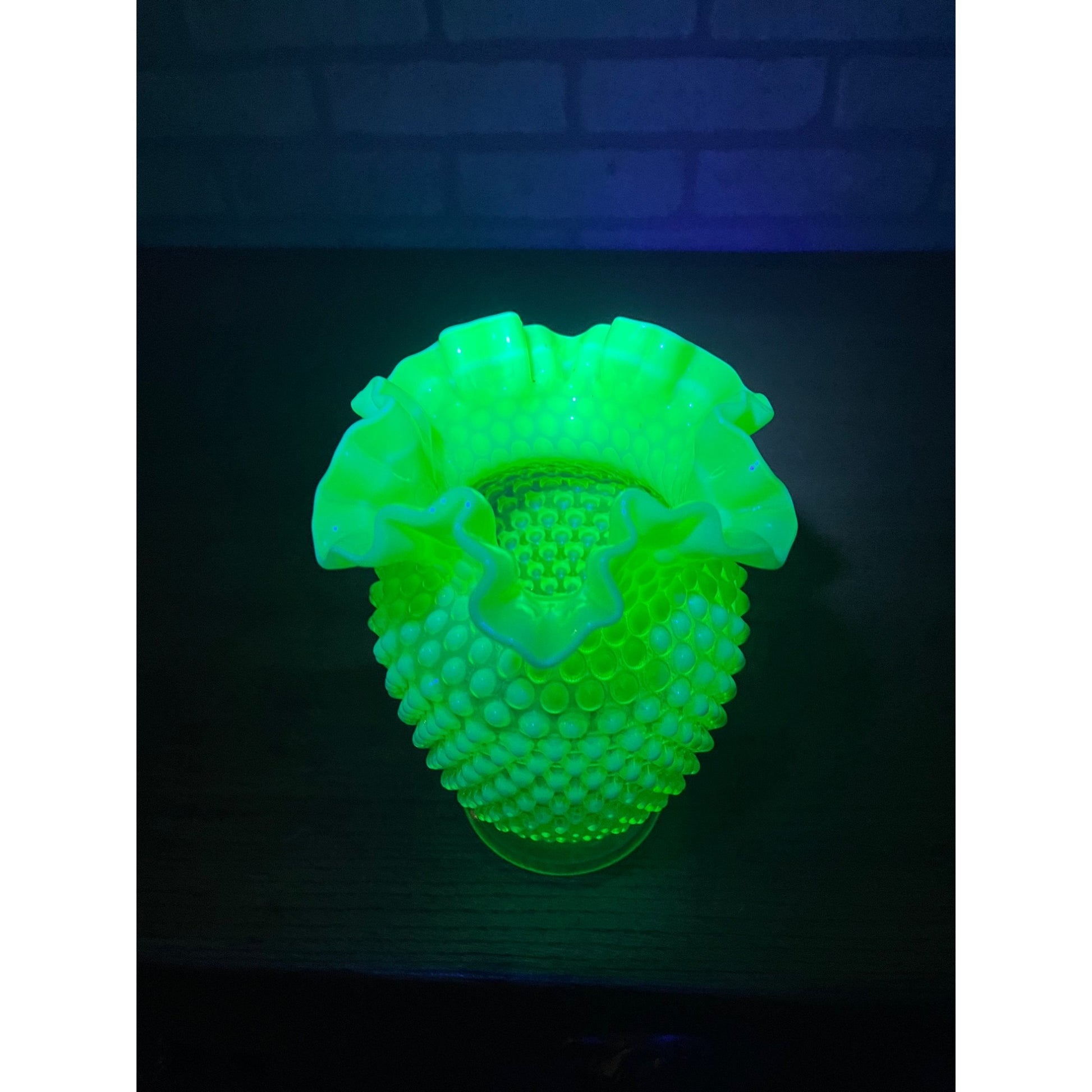 Vintage Fenotn Hobnail Opalescent Large 8" Ruffled Vase Uranium Vaseline Glass