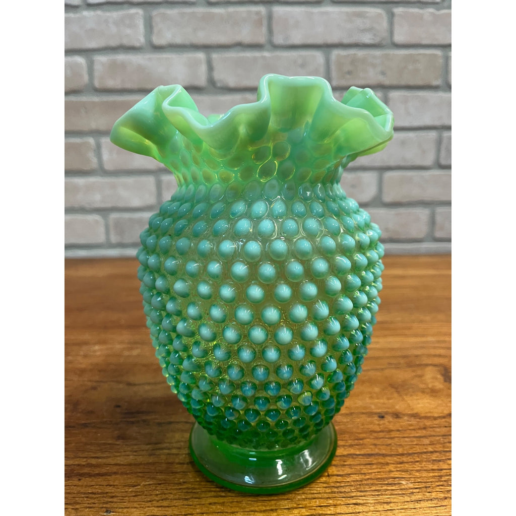 Vintage Fenotn Hobnail Opalescent Large 8" Ruffled Vase Uranium Vaseline Glass