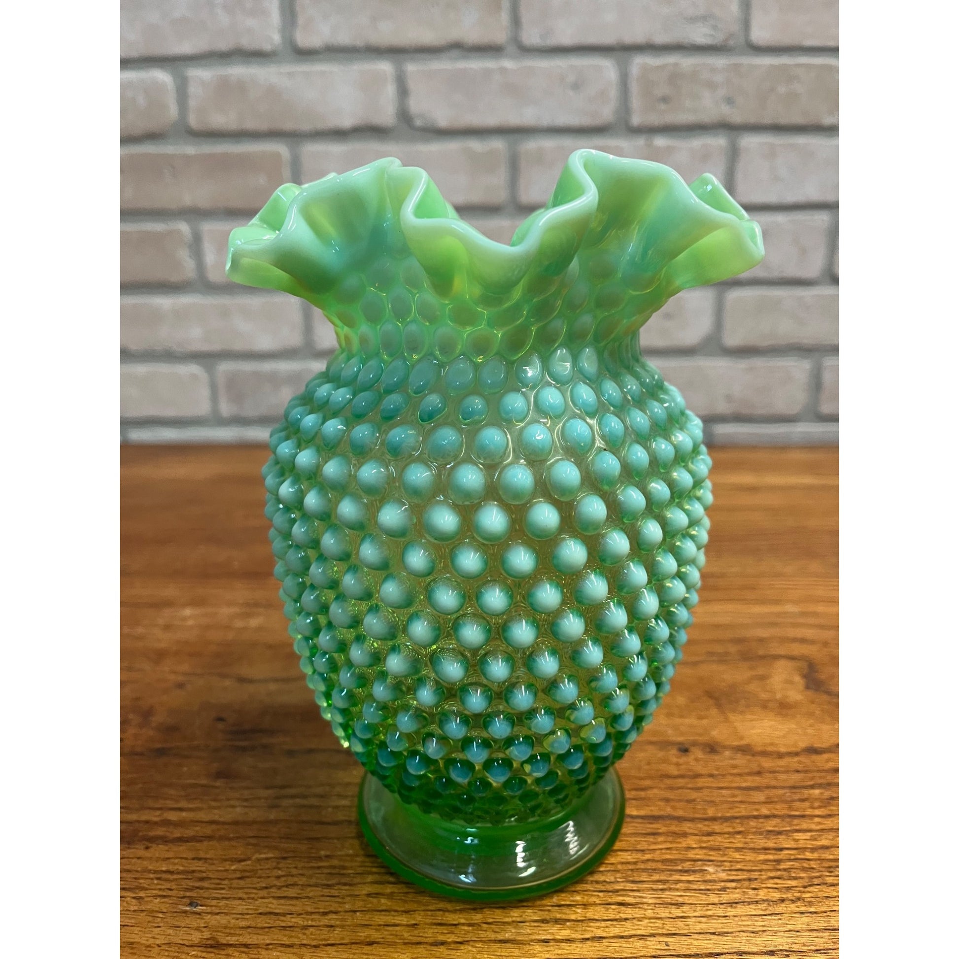 Vintage Fenotn Hobnail Opalescent Large 8" Ruffled Vase Uranium Vaseline Glass