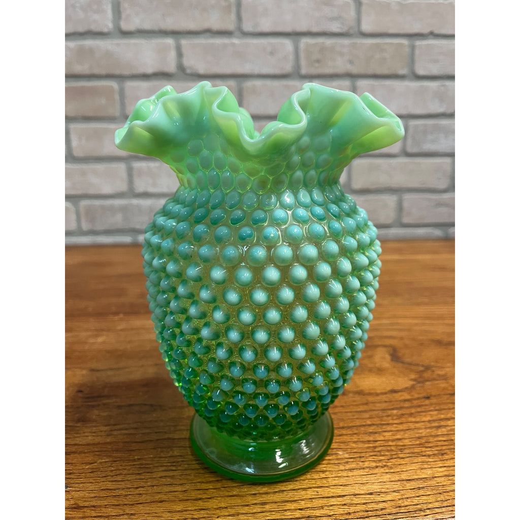 Vintage Fenotn Hobnail Opalescent Large 8" Ruffled Vase Uranium Vaseline Glass