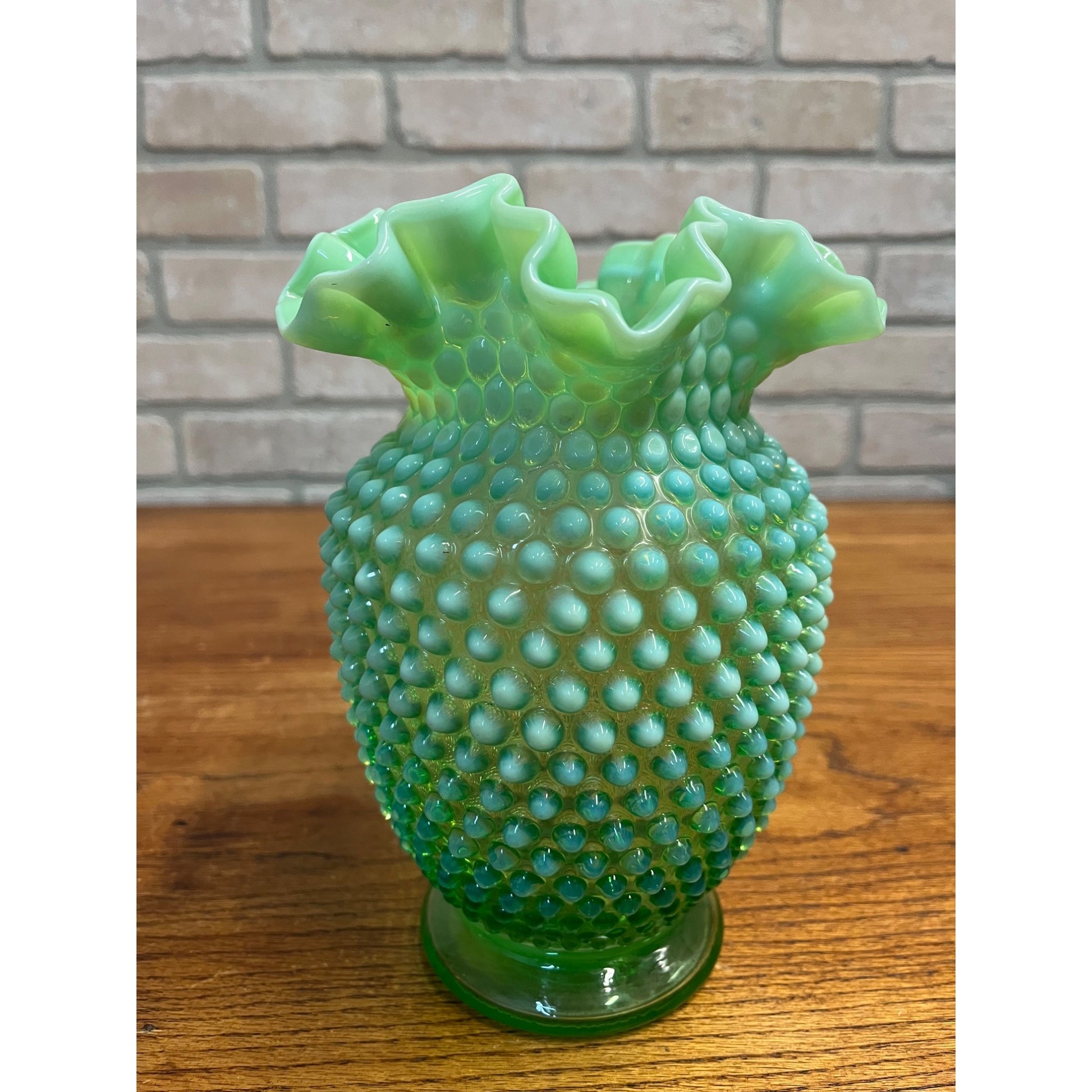 Vintage Fenotn Hobnail Opalescent Large 8" Ruffled Vase Uranium Vaseline Glass