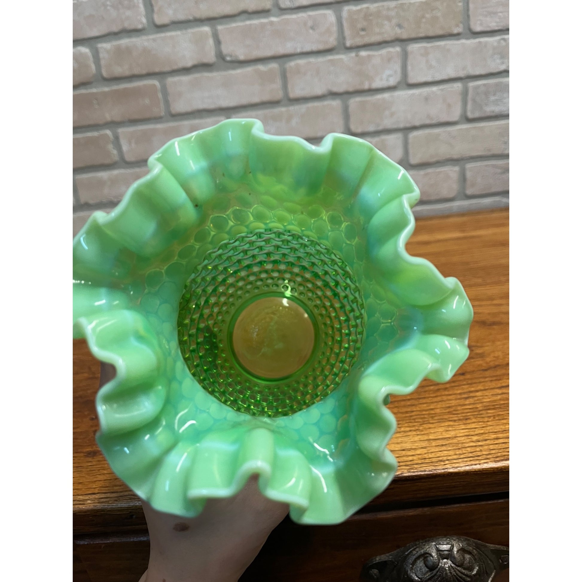 Vintage Fenotn Hobnail Opalescent Large 8" Ruffled Vase Uranium Vaseline Glass