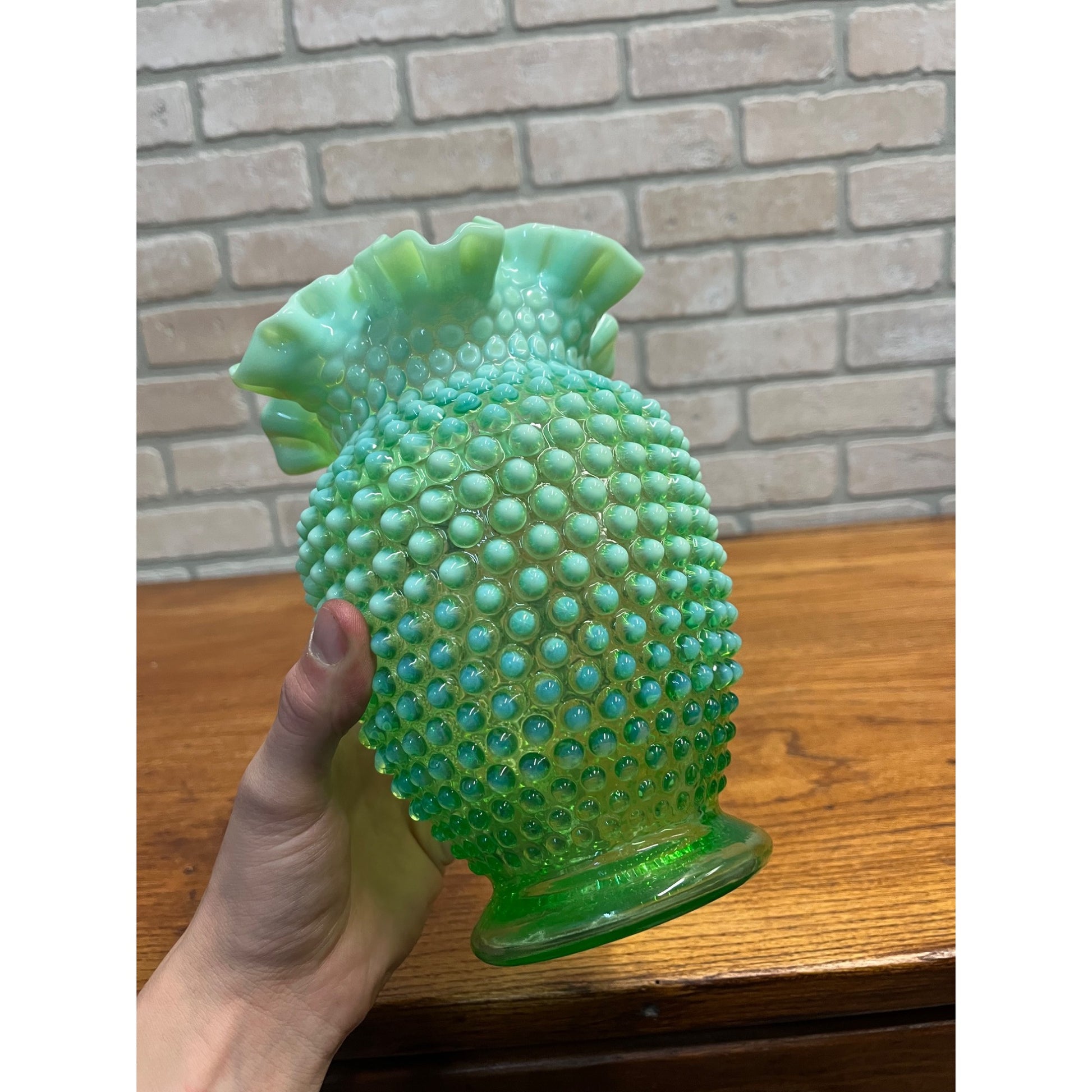 Vintage Fenotn Hobnail Opalescent Large 8" Ruffled Vase Uranium Vaseline Glass