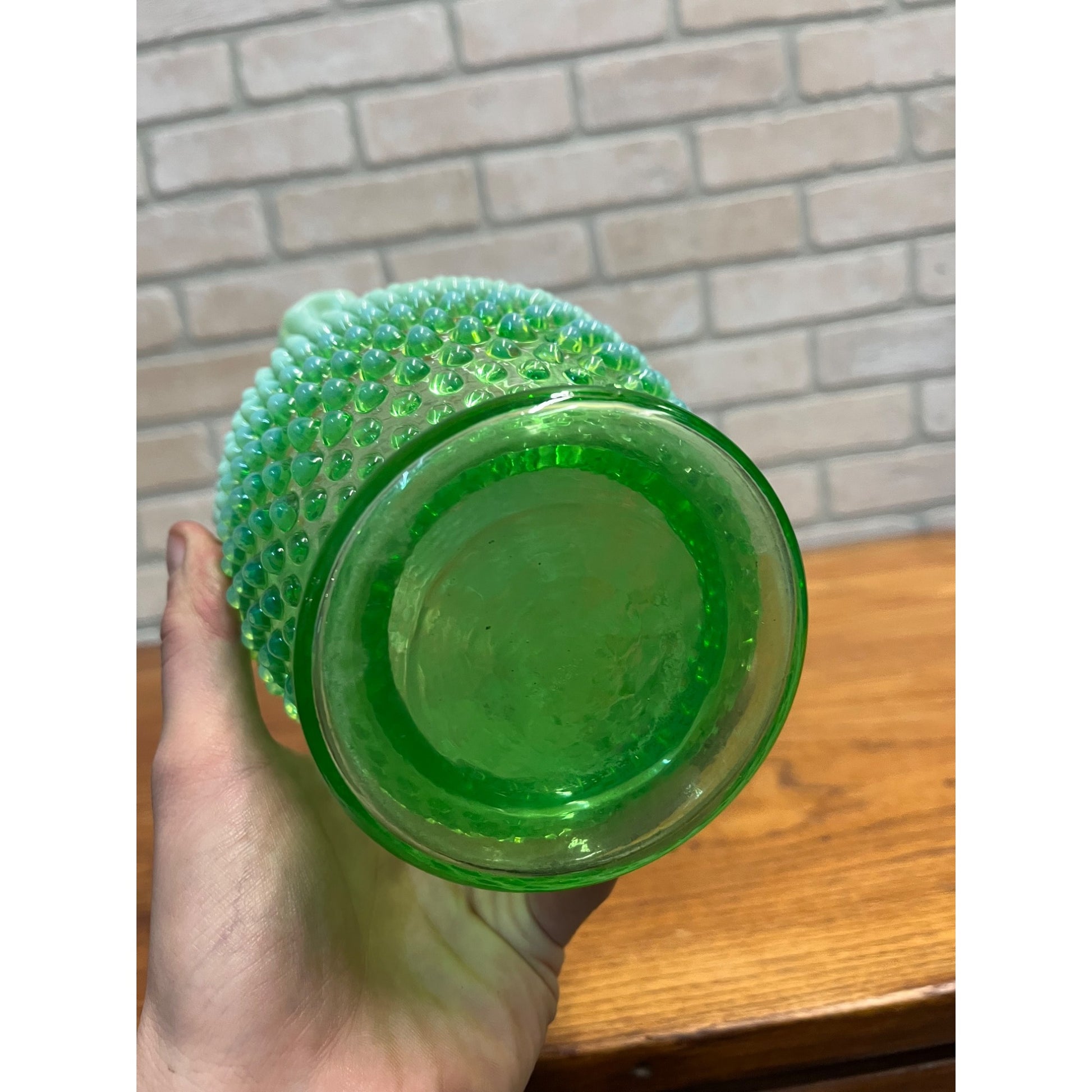 Vintage Fenotn Hobnail Opalescent Large 8" Ruffled Vase Uranium Vaseline Glass