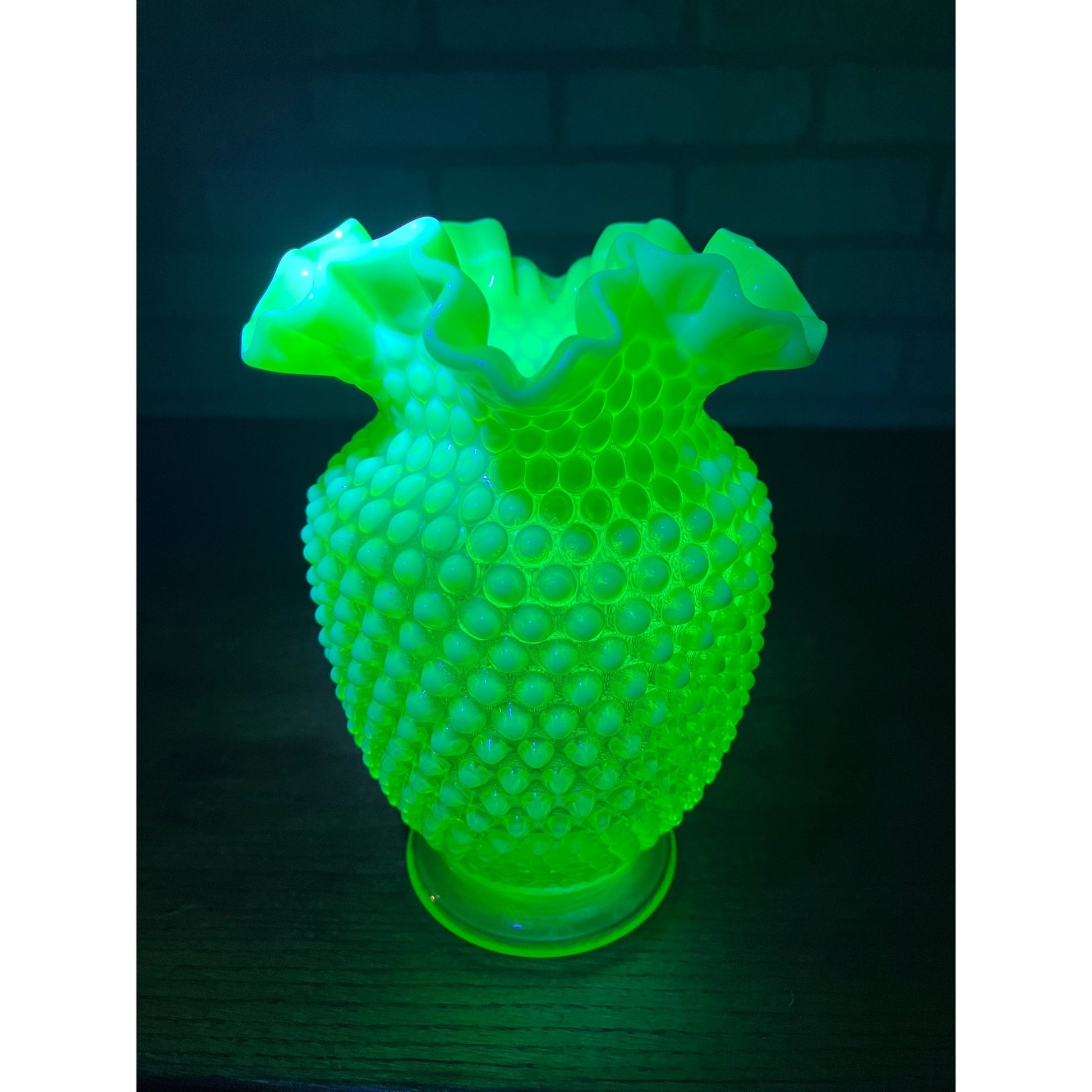 Vintage Fenotn Hobnail Opalescent Large 8" Ruffled Vase Uranium Vaseline Glass