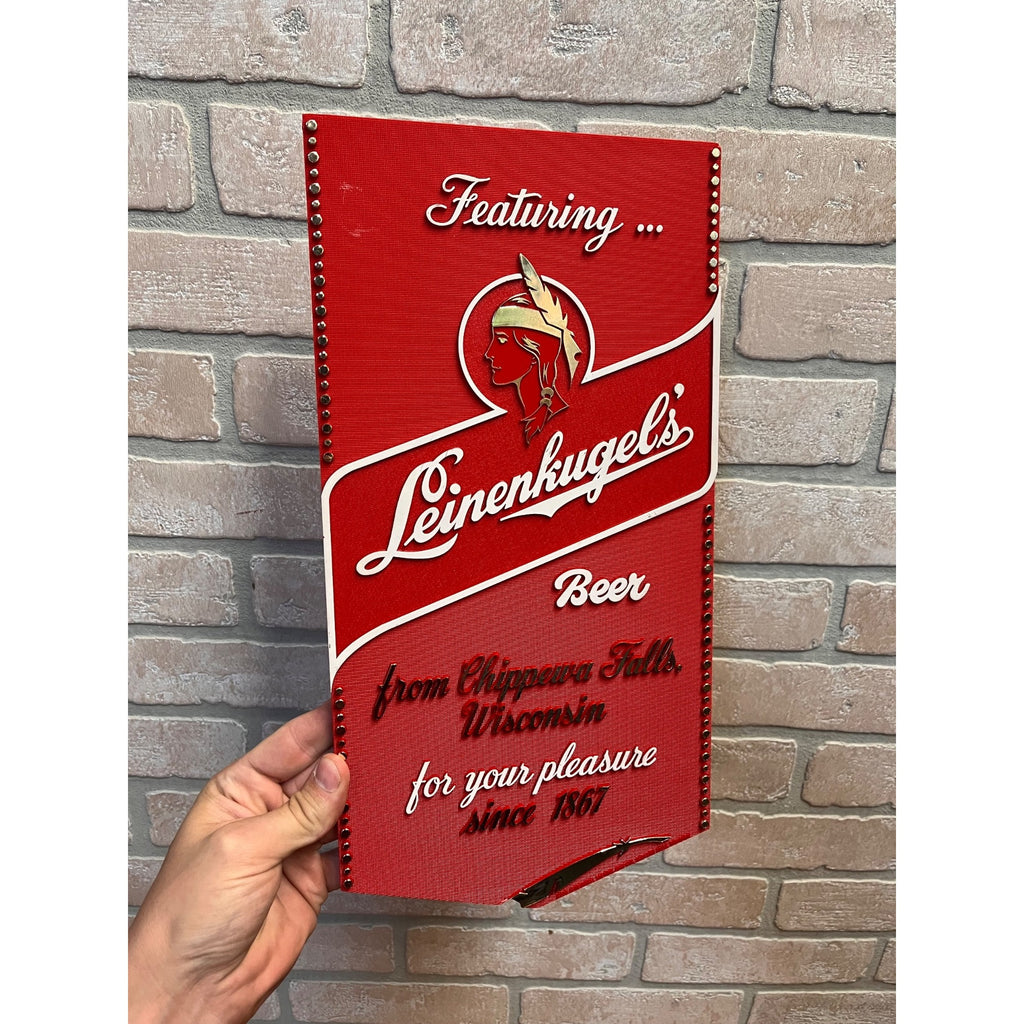 Vintage 1980s Leinenkugel's Beer Plastic Sign "Featuring" Indian Maiden Logo