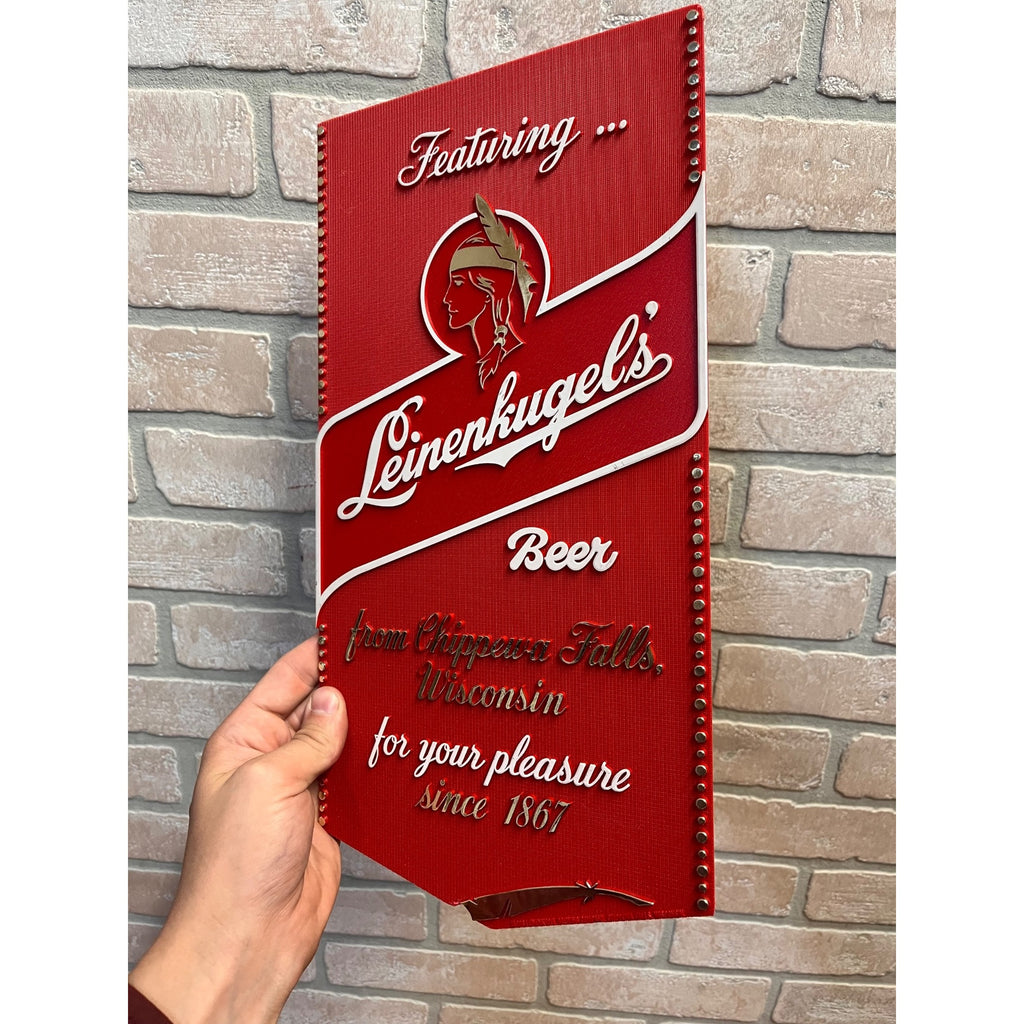 Vintage 1980s Leinenkugel's Beer Plastic Sign "Featuring" Indian Maiden Logo