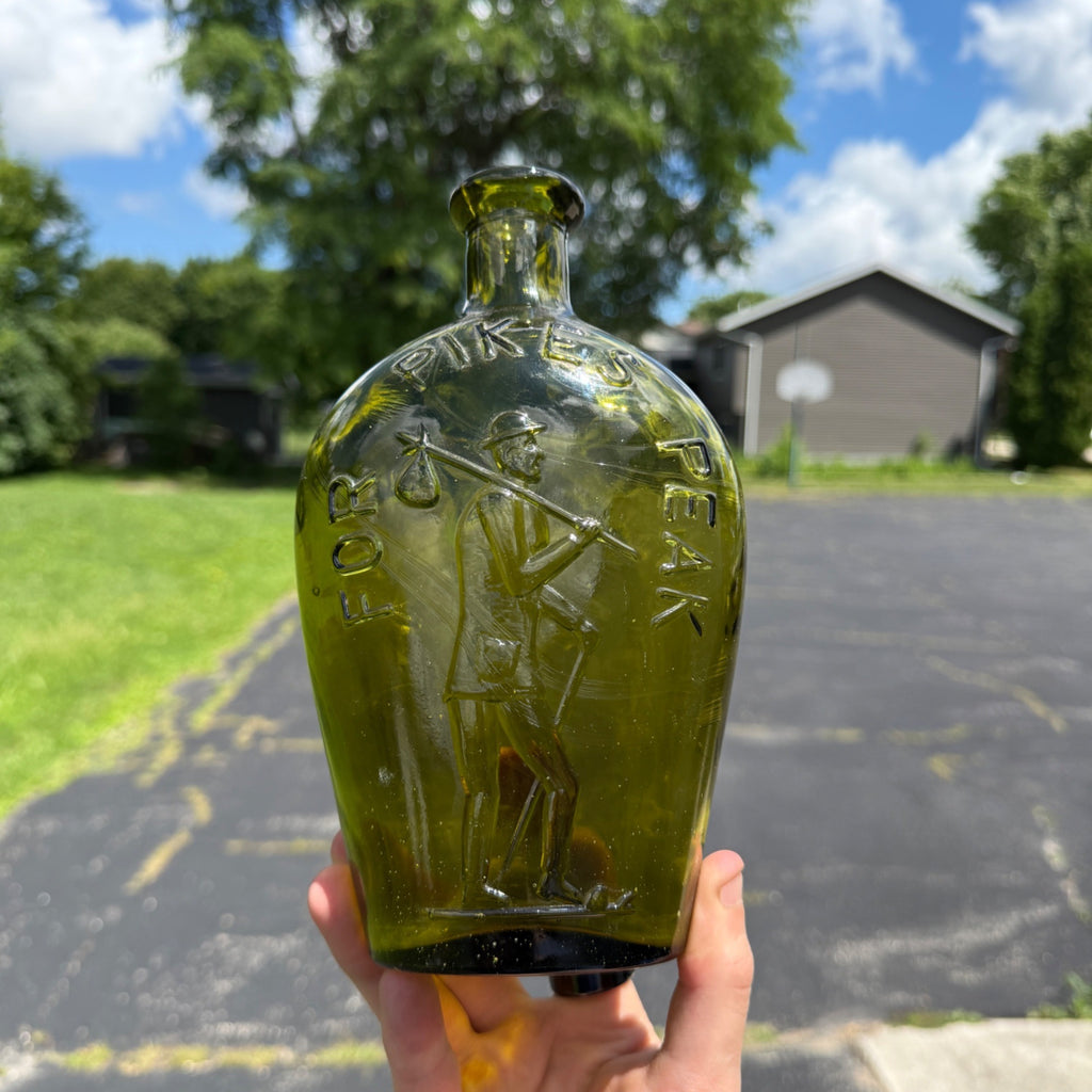 For Pikes Peak Flask Bottle Olive Green Glass Quart 1960s Reproduction
