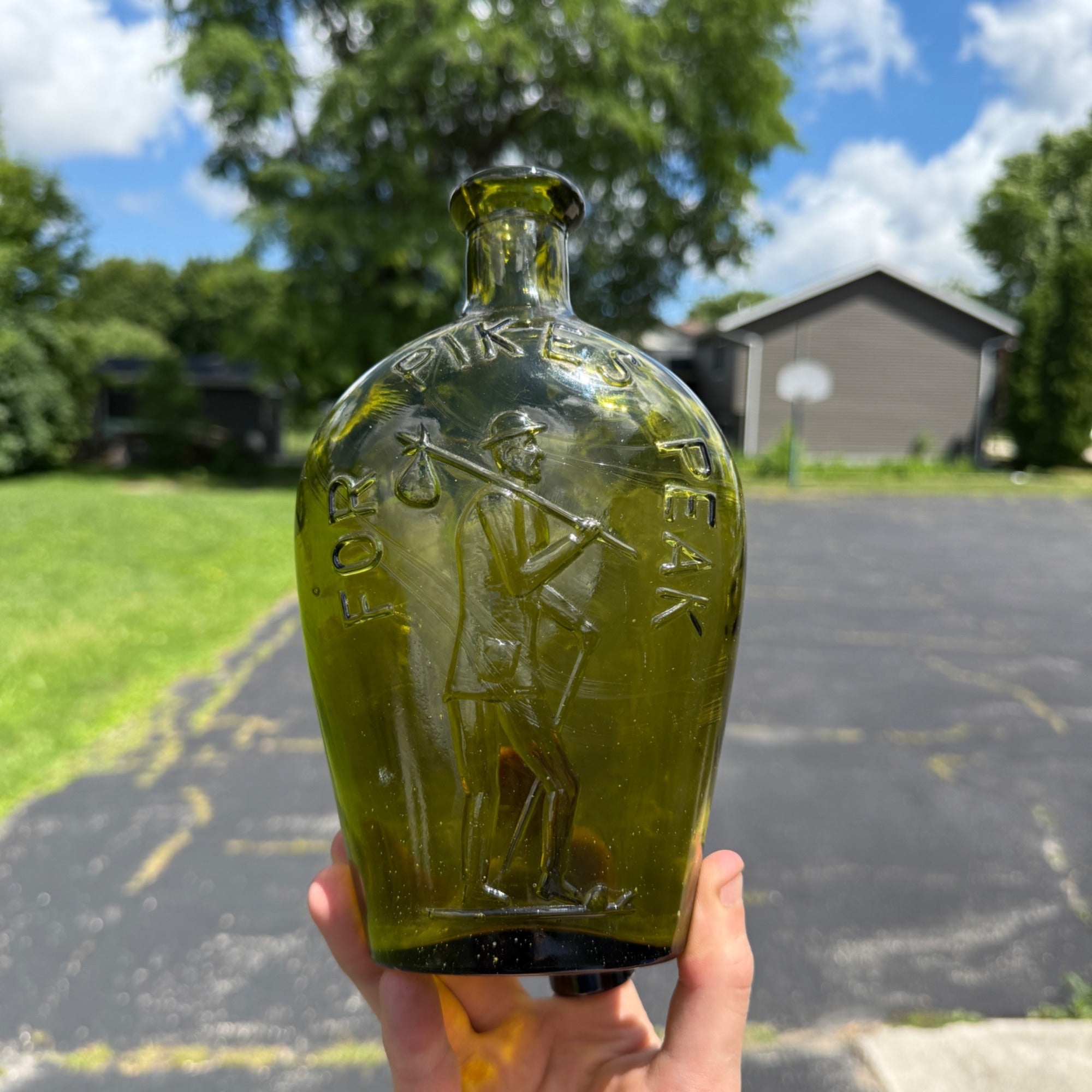 For Pikes Peak Flask Bottle Olive Green Glass Quart 1960s Reproduction